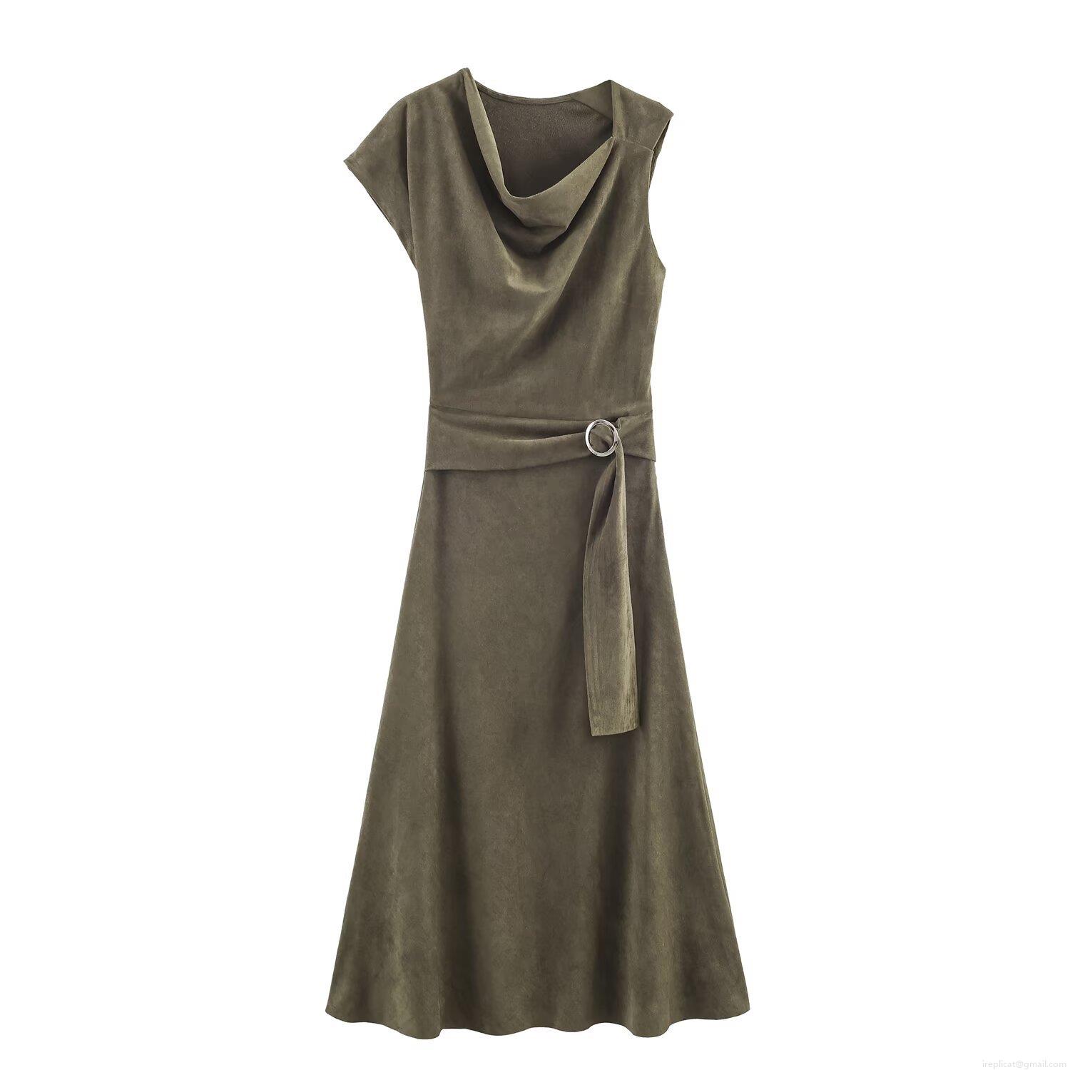 Women Asymmetric Suede Effect Dress Sleeveless Stacked Neck Midi Dress With Metal Buckle Belt Elegant Bodycon Party Outfits Women Asymmetric Suede Effect Dress Sleeveless Stacked Neck Midi Dress With Metal Buckle Belt Elegant Bodycon Party Outfits