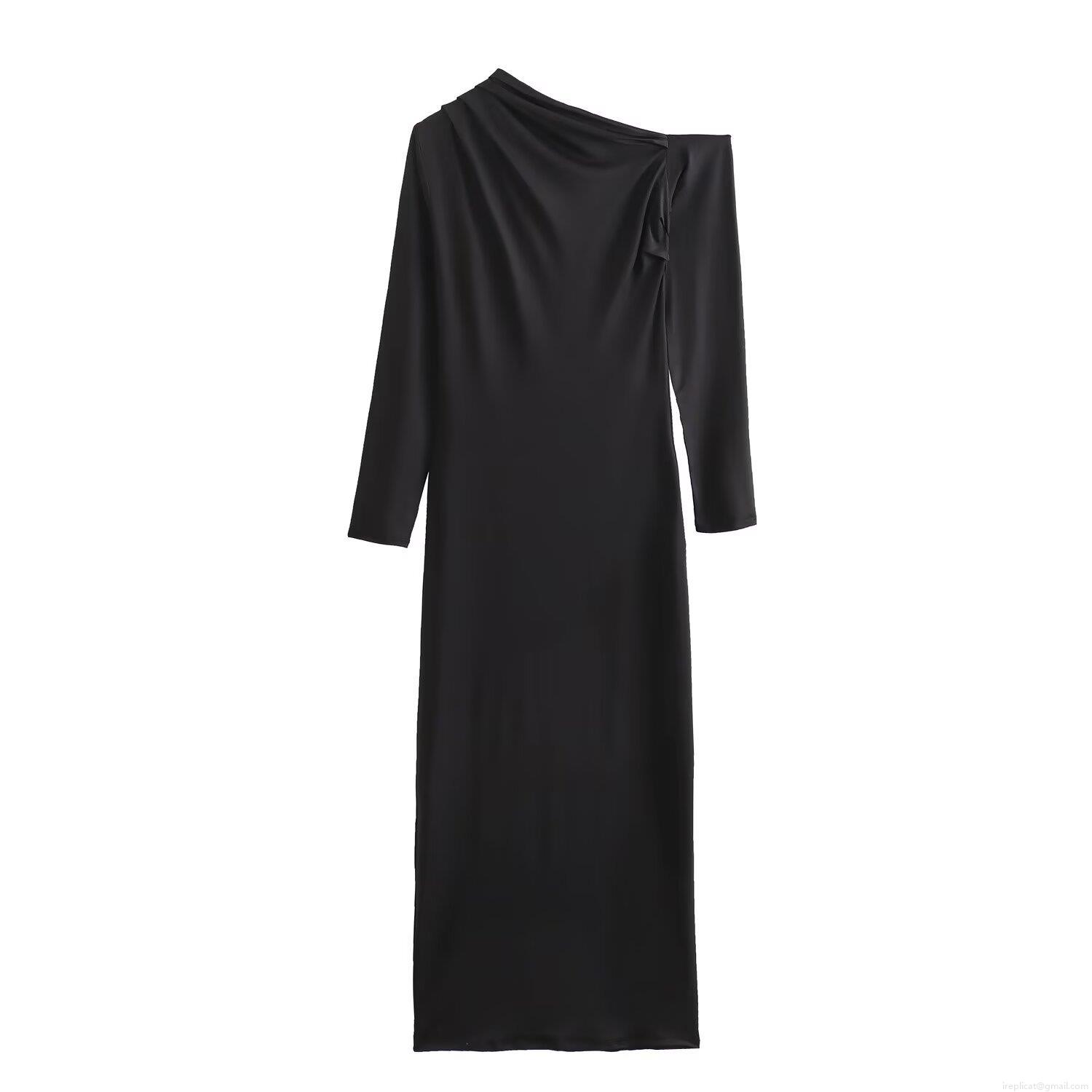 Sexy Black One Shoulder Long Sleeve Ruched Midi Dress Women Slim Fit Milk Silk Bodycon Elegant Party Evening Club Cocktail Dress Sexy Black One Shoulder Long Sleeve Ruched Midi Dress Women Slim Fit Milk Silk Bodycon Elegant Party Evening Club Cocktail Dress