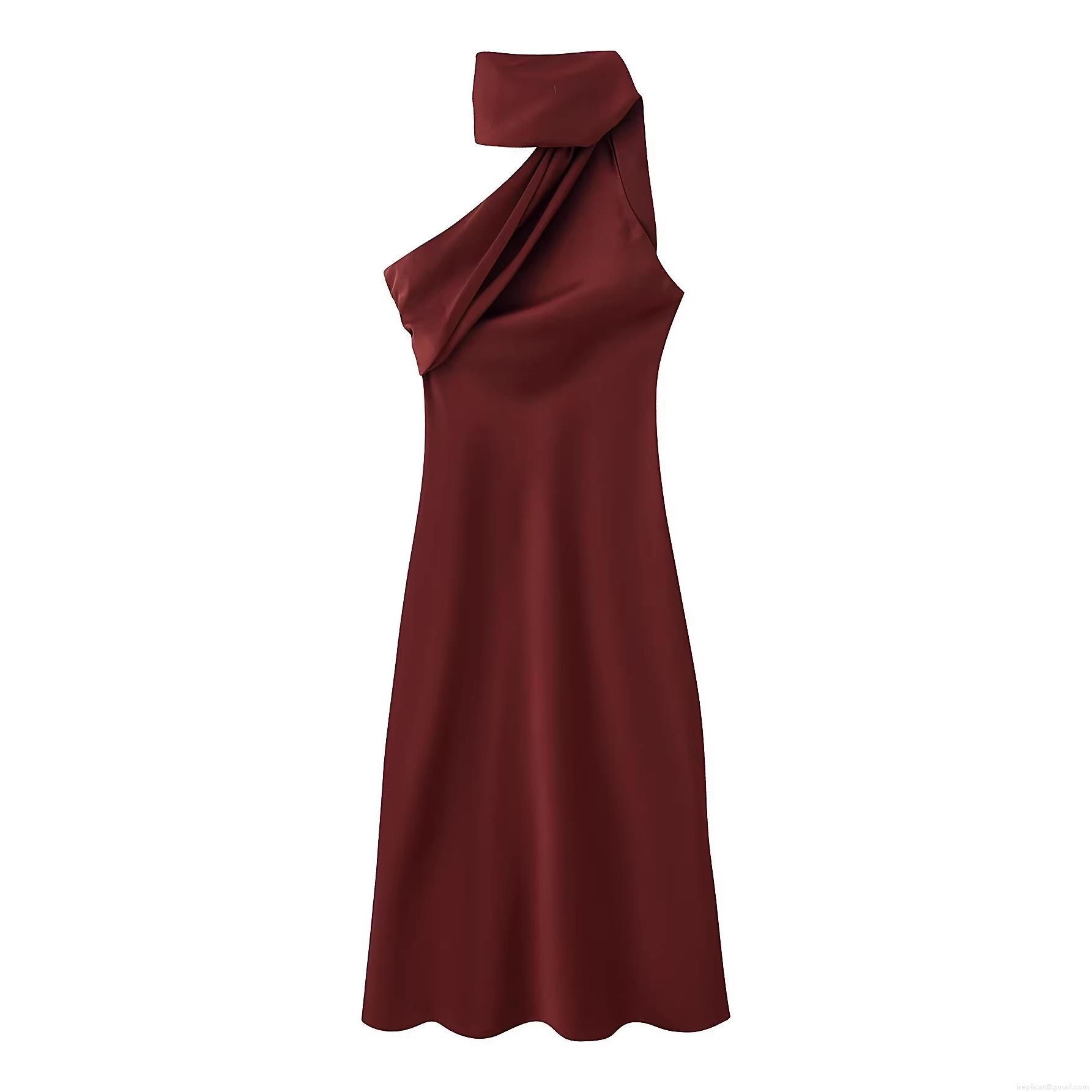Women Sexy Wine Red Satin Midi Dress Asymmetric Scarf Neck Sleeveless Bow Pleated Elegant Evening Party Dress Socialite Celebrity Style Gown Women Sexy Wine Red Satin Midi Dress Asymmetric Scarf Neck Sleeveless Bow Pleated Elegant Evening Party Dress Socialite Celebrity Style Gown