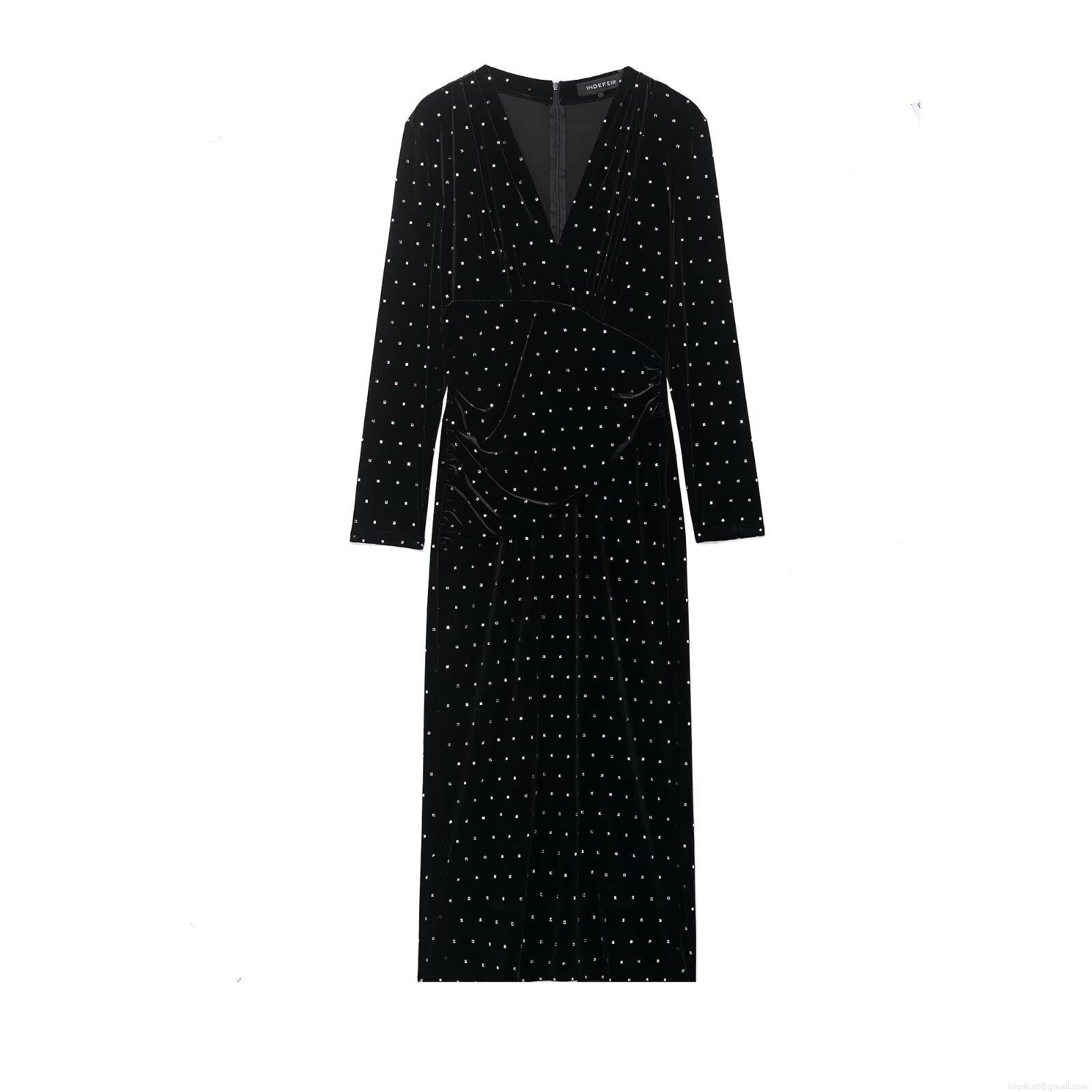 Elegant Women Velvet Long Sleeve V-Neck Midi Dress With Rhinestone Studded Decoration Slim Fit Evening Party Club Bodycon Dress Elegant Women Velvet Long Sleeve V-Neck Midi Dress With Rhinestone Studded Decoration Slim Fit Evening Party Club Bodycon Dress