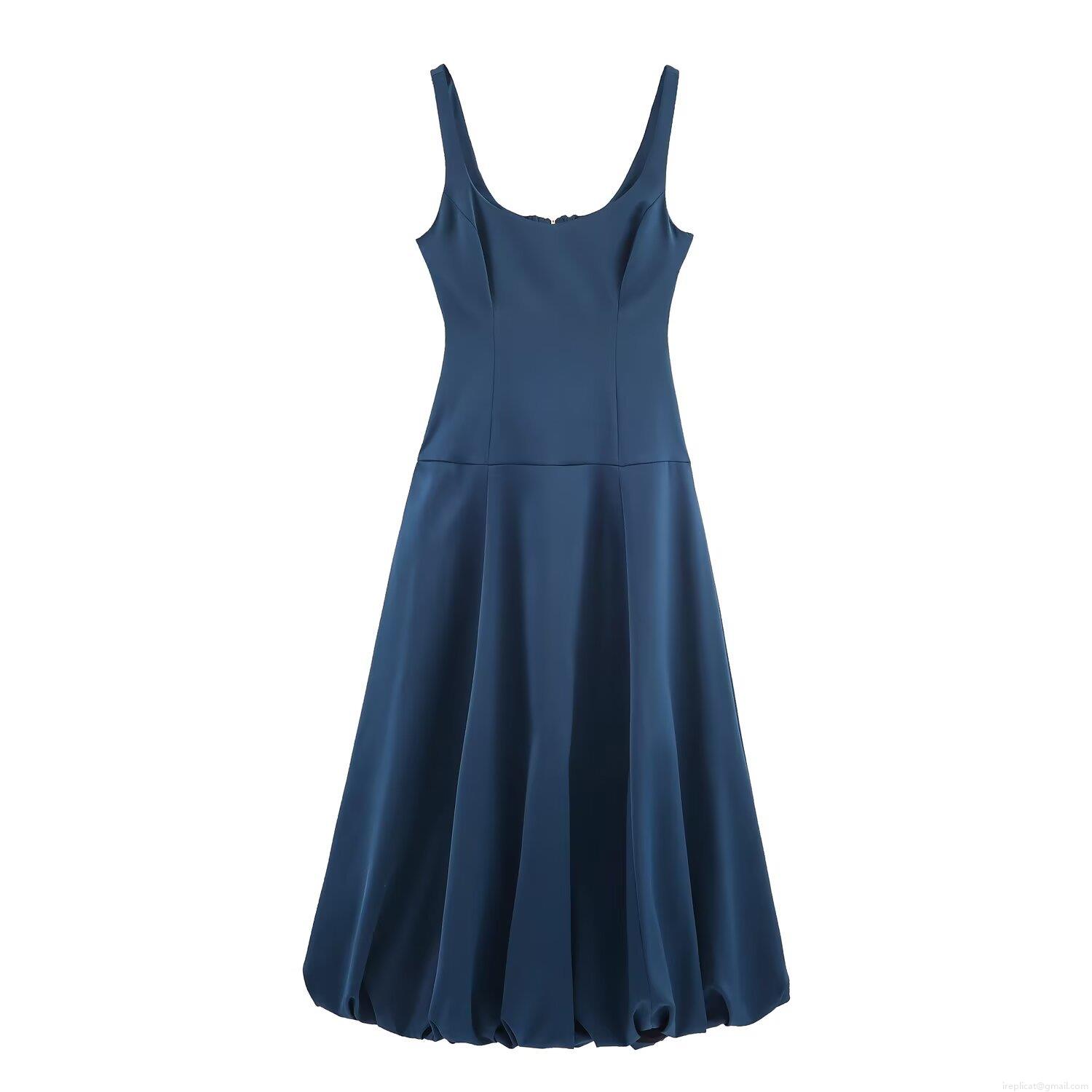 Women's Sexy Backless Satin Cami Midi Dress Deep Navy Blue Spaghetti Strap Balloon Hem Slim Fit Evening Party Cocktail Dress For Ladies Women's Sexy Backless Satin Cami Midi Dress Deep Navy Blue Spaghetti Strap Balloon Hem Slim Fit Evening Party Cocktail Dress For Ladies