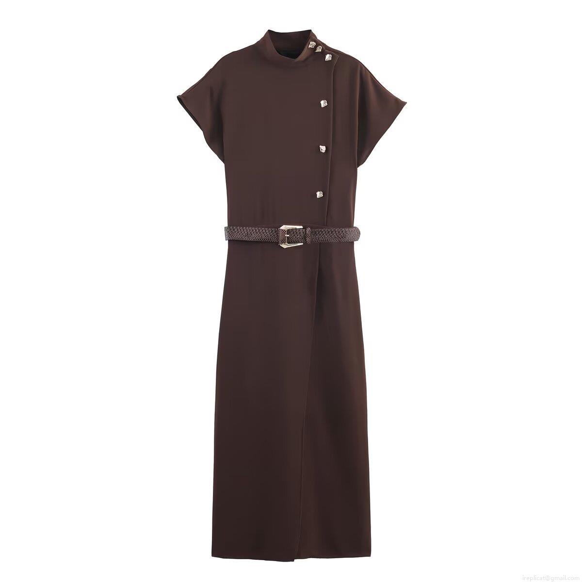 Elegant Women's Stand Collar Midi Dress With Animal Print Belt Shoulder Metal Buttons Slim Fit Short Sleeve Solid Coffee Polyester Spandex Dress For Office Party Daily Elegant Women's Stand Collar Midi Dress With Animal Print Belt Shoulder Metal Buttons Slim Fit Short Sleeve Solid Coffee Polyester Spandex Dress For Office Party Daily