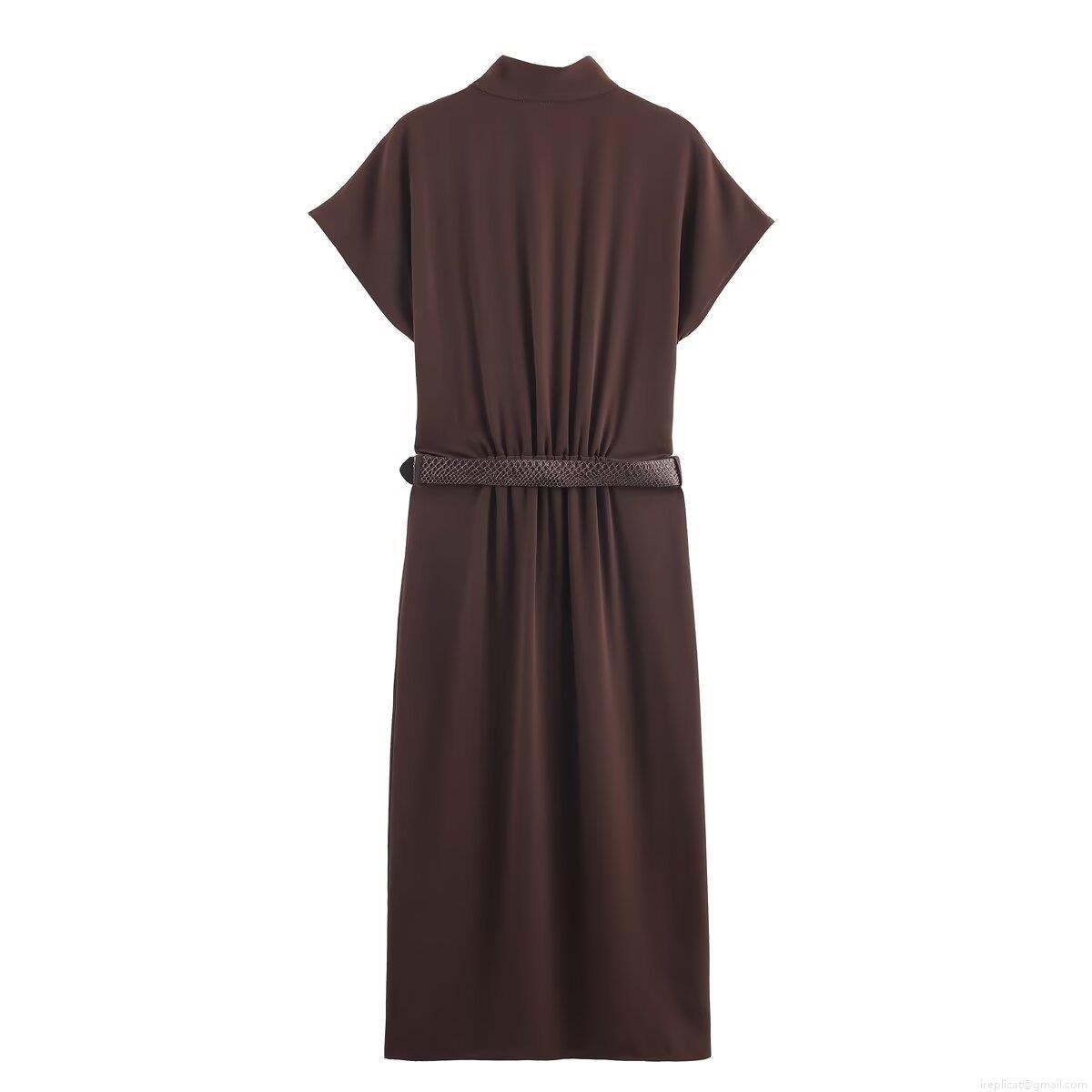 Elegant Women\'s Stand Collar Midi Dress With Animal Print Belt Shoulder Metal Buttons Slim Fit Short Sleeve Solid Coffee Polyester Spandex Dress For Office Party Daily