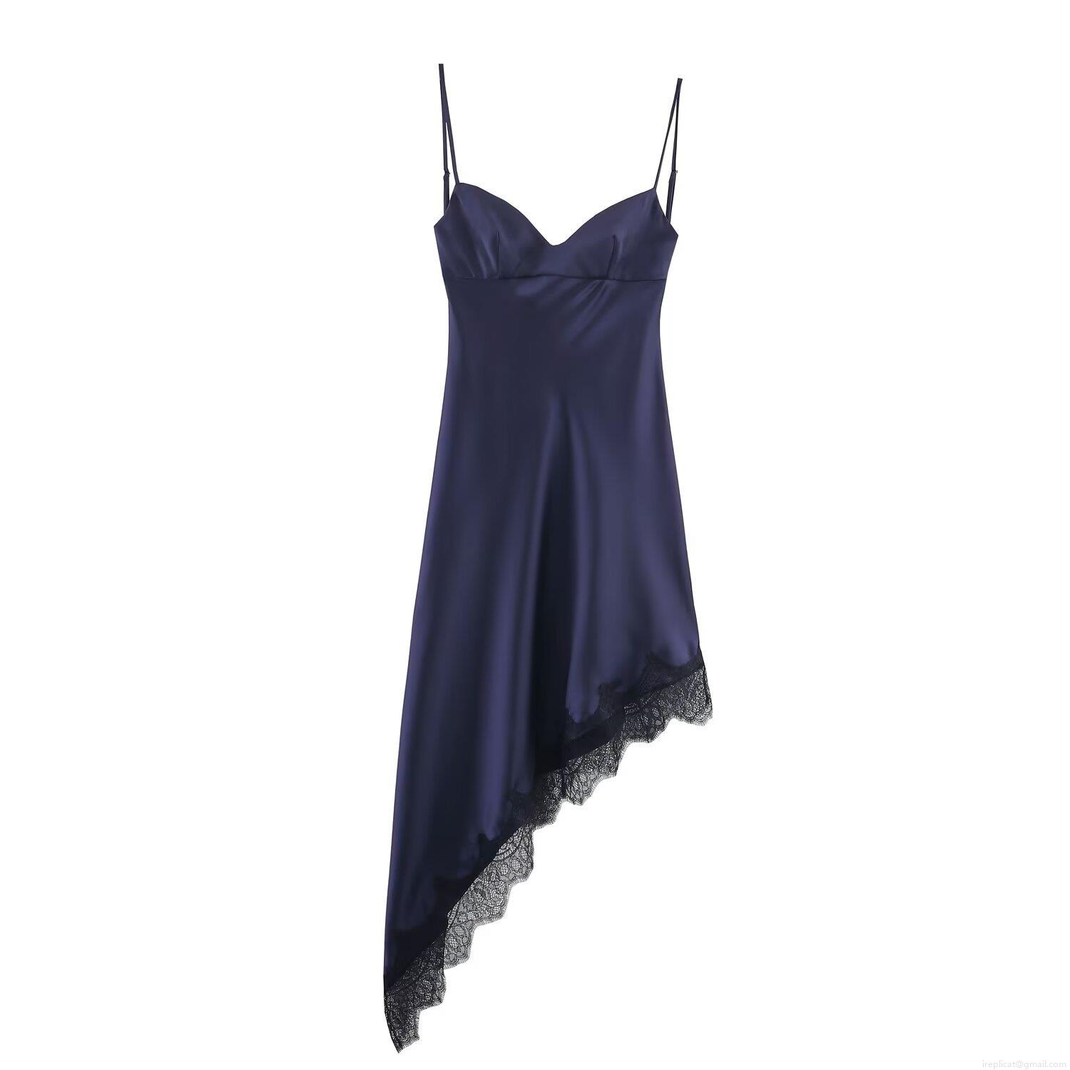 Women's Sexy Satin Slip Midi Dress Lace Trim Asymmetric Hem V-Neck Backless Lace-Up Bodycon Party Evening Dress