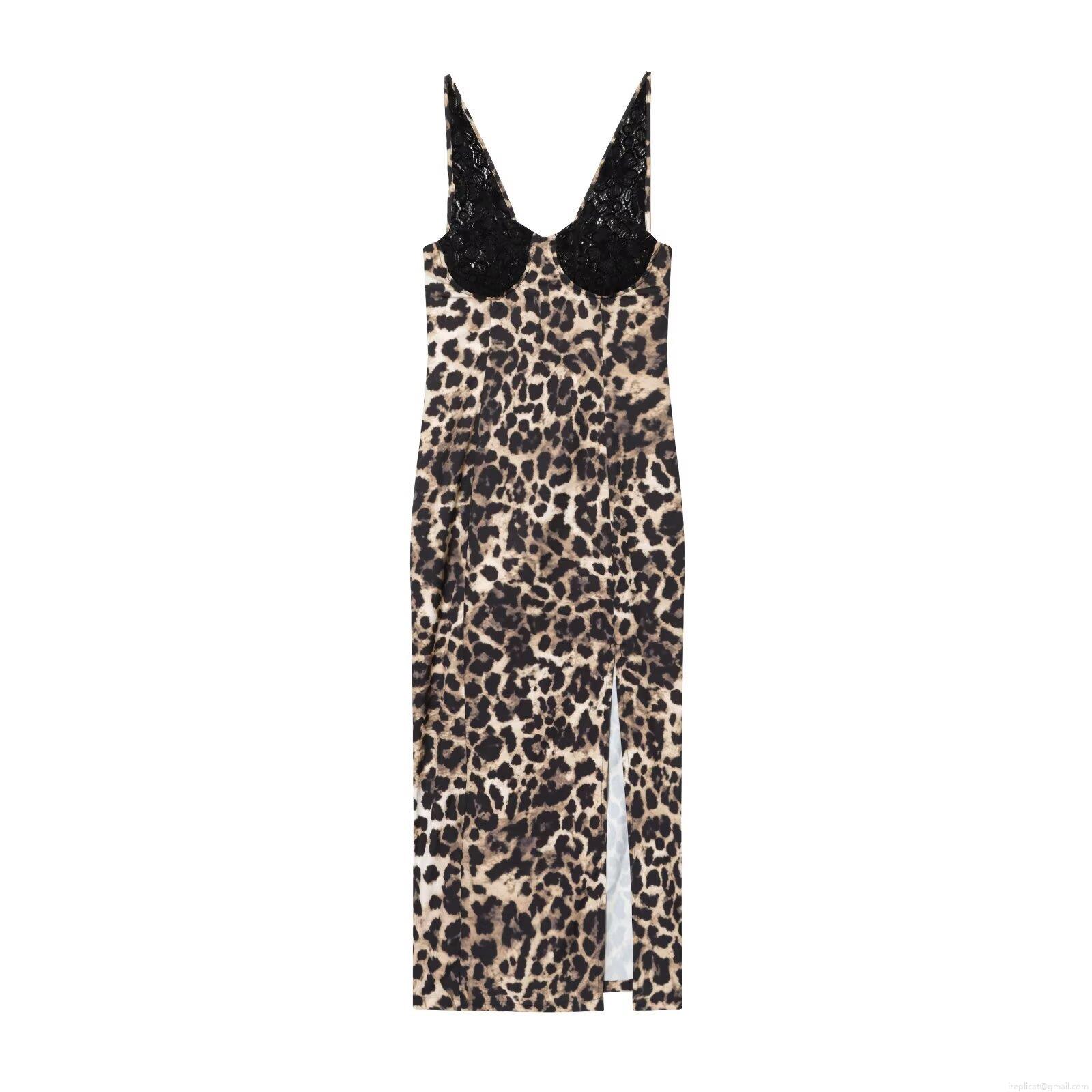 Sexy Leopard Print Midi Cami Dress With Black Lace Stitching V-Neck Slim Fit Side Slit Sleeveless Back Zipper Evening Party Clubwear Slip Dress For Women Sexy Leopard Print Midi Cami Dress With Black Lace Stitching V-Neck Slim Fit Side Slit Sleeveless Back Zipper Evening Party Clubwear Slip Dress For Women