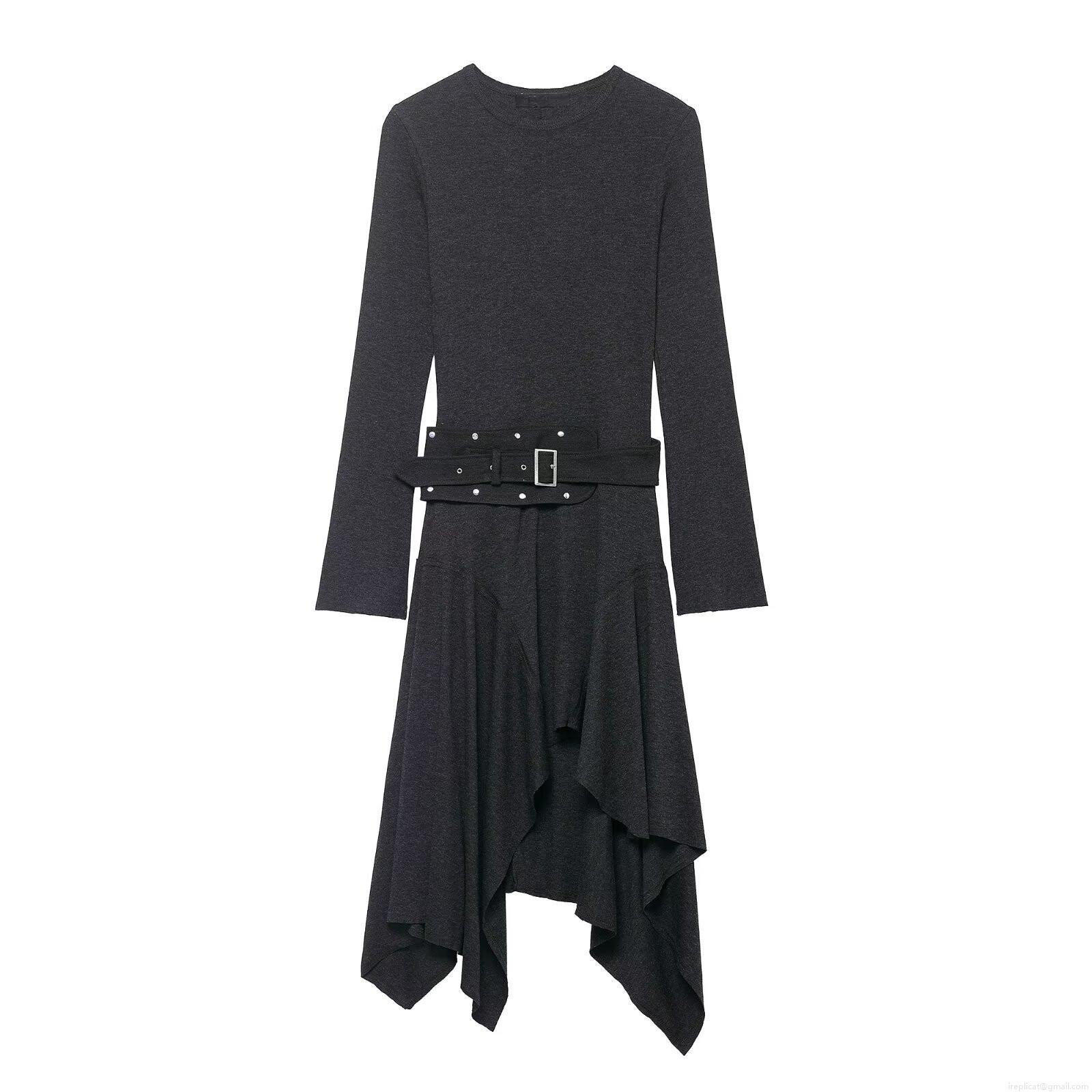 Women Casual Long Sleeve Asymmetrical Midi Dress With Belt Elastic Polyester Spandex Blend Knit Crew Neck Dress Solid Color Fall Winter Fashion Women Casual Long Sleeve Asymmetrical Midi Dress With Belt Elastic Polyester Spandex Blend Knit Crew Neck Dress Solid Color Fall Winter Fashion
