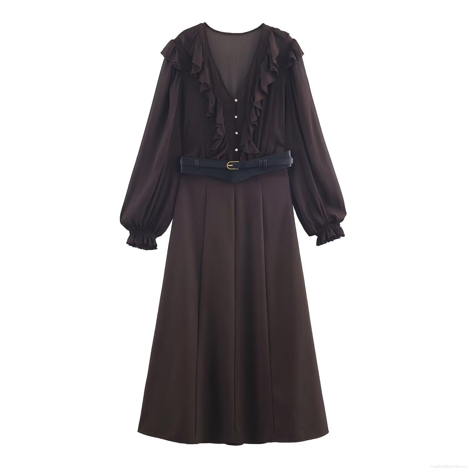Elegant V-Neck Long Lantern Sleeve Midi Dress For Women Winter Fashion Ruffle Patchwork Polyester Spandex Dress With Belt Commuter Style Elegant V-Neck Long Lantern Sleeve Midi Dress For Women Winter Fashion Ruffle Patchwork Polyester Spandex Dress With Belt Commuter Style