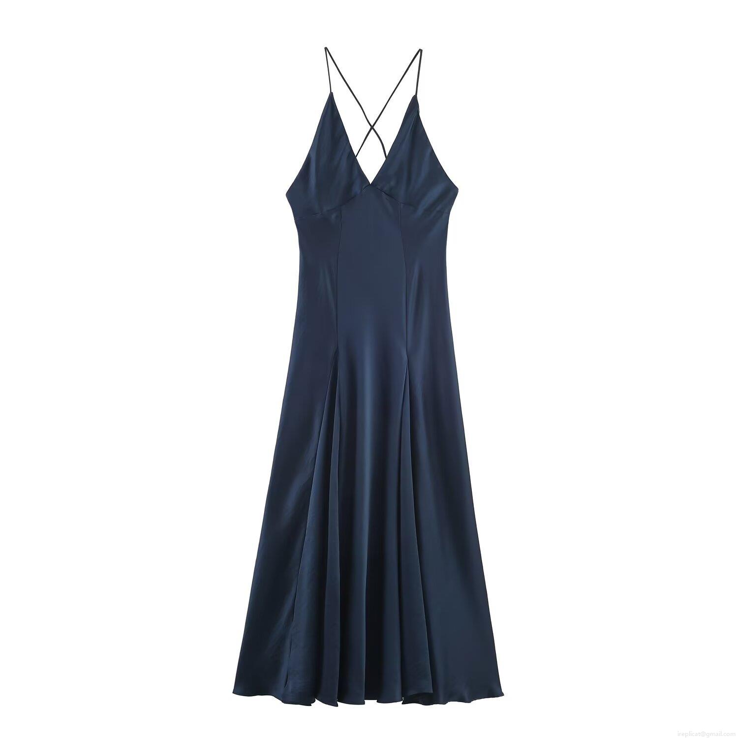 Women Sexy Backless Satin Midi Dress Navy Blue V Neck Cross Spaghetti Strap Sleek Glossy Formal Night Out Clubwear Celebrity Style Elegant Prom Dress Women Sexy Backless Satin Midi Dress Navy Blue V Neck Cross Spaghetti Strap Sleek Glossy Formal Night Out Clubwear Celebrity Style Elegant Prom Dress