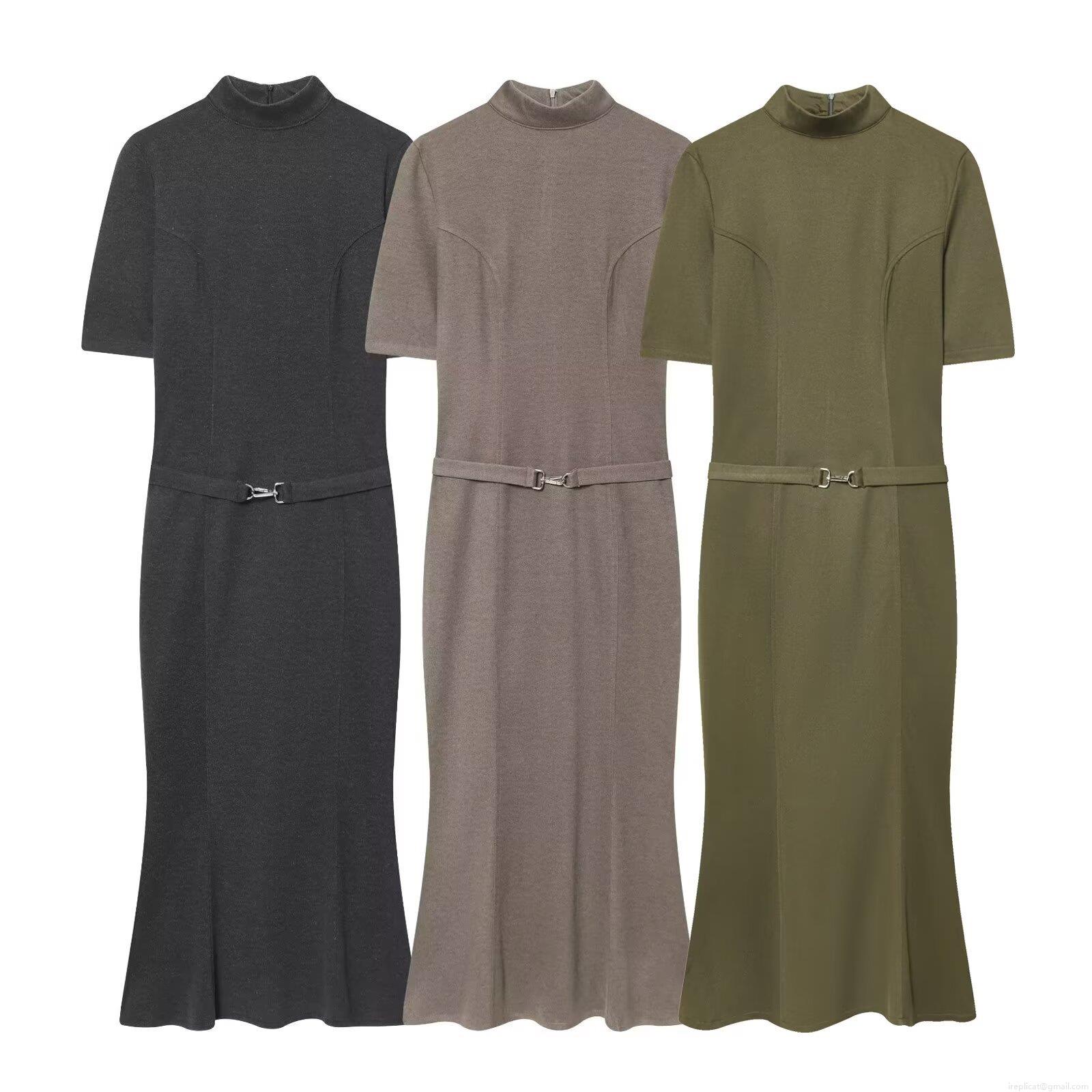 Women Mock Neck Short Sleeve Midi Dress With Belt Elegant Fish Tail Hem Solid Color Knit Texture Office Lady Casual Stretch Bodycon Dress Women Mock Neck Short Sleeve Midi Dress With Belt Elegant Fish Tail Hem Solid Color Knit Texture Office Lady Casual Stretch Bodycon Dress