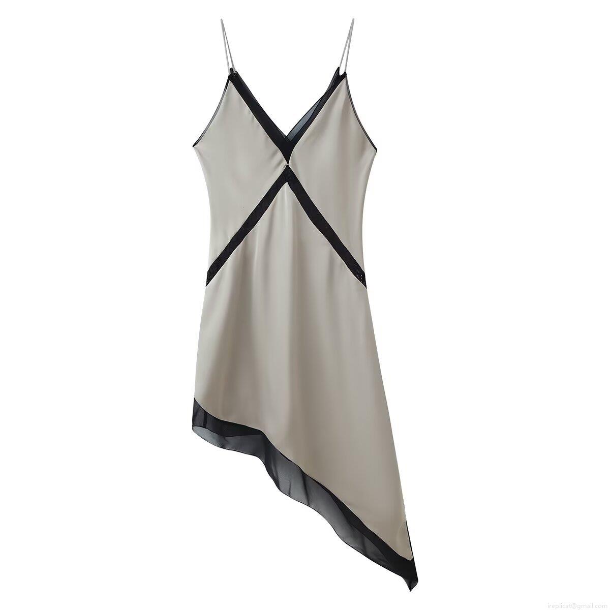 Sexy Satin Asymmetric Midi Dress With Lace Stitching V-Neck Backless Cami Dress For Women Fashionable Sleeveless Party Dating Dress Sexy Satin Asymmetric Midi Dress With Lace Stitching V-Neck Backless Cami Dress For Women Fashionable Sleeveless Party Dating Dress