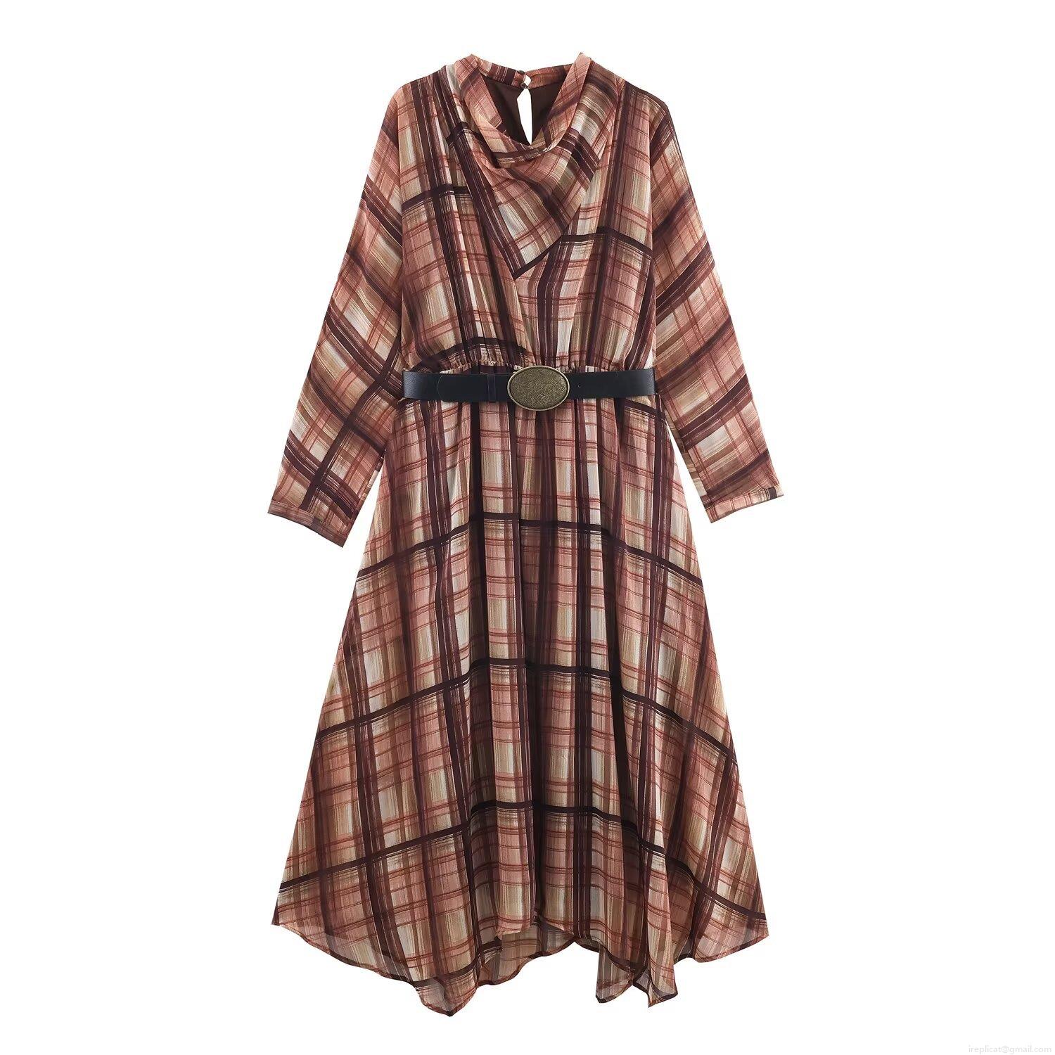 Vintage Brown Plaid Midi Dress For Women Long Sleeve Pleated A-Line Vacation Dress With Black Waist Belt Retro Elegant Casual Long Sleeve Dresses Vintage Brown Plaid Midi Dress For Women Long Sleeve Pleated A-Line Vacation Dress With Black Waist Belt Retro Elegant Casual Long Sleeve Dresses