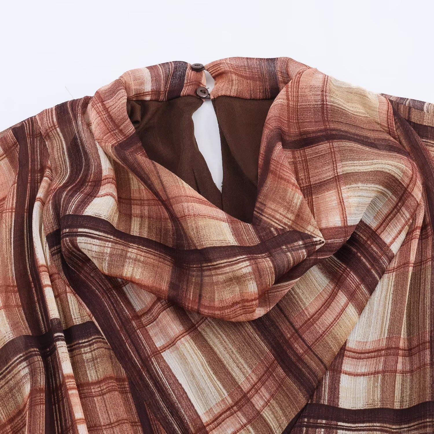 Vintage Brown Plaid Midi Dress For Women Long Sleeve Pleated A-Line Vacation Dress With Black Waist Belt Retro Elegant Casual Long Sleeve Dresses