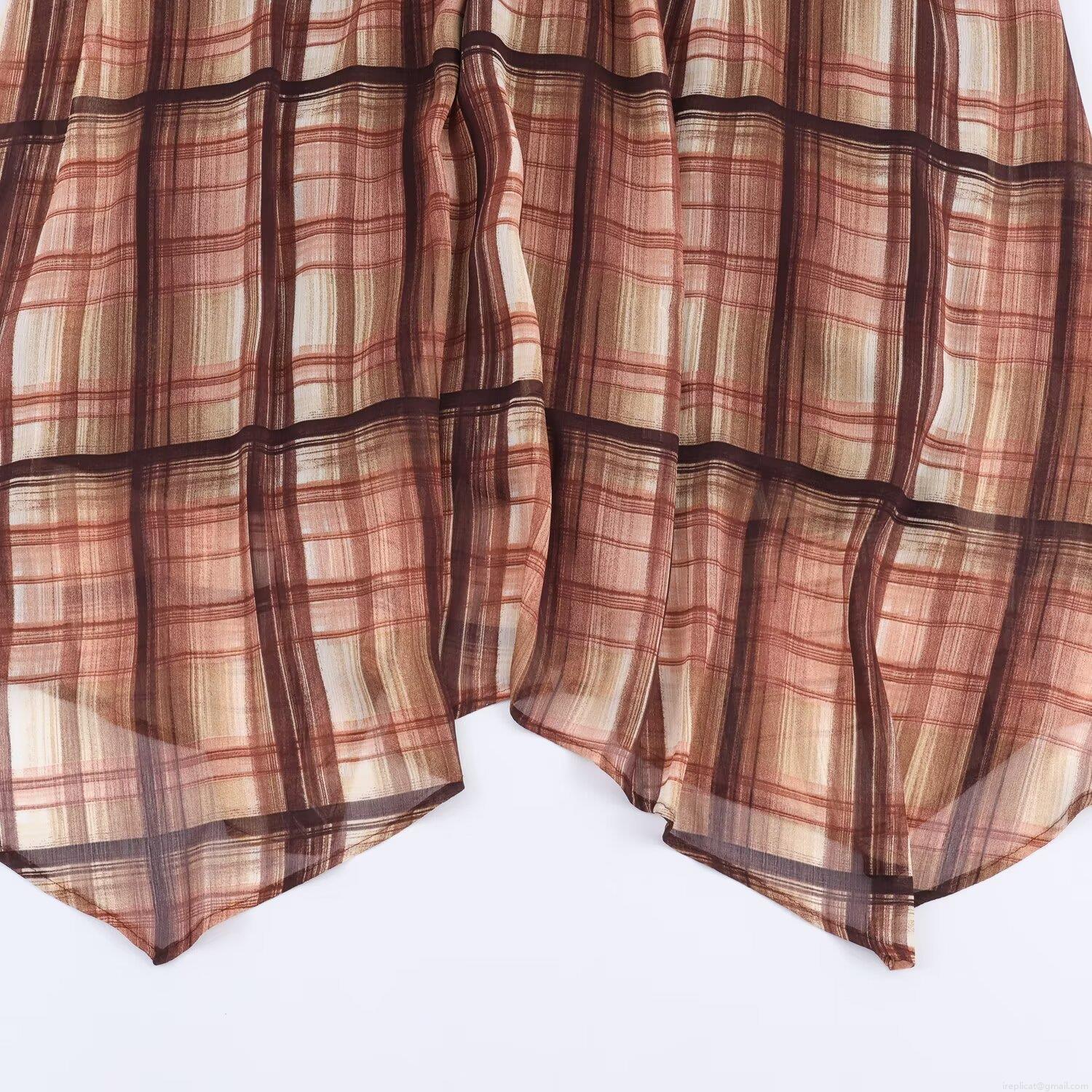 Vintage Brown Plaid Midi Dress For Women Long Sleeve Pleated A-Line Vacation Dress With Black Waist Belt Retro Elegant Casual Long Sleeve Dresses