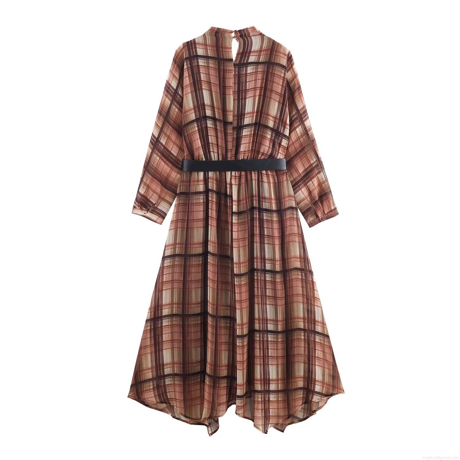 Vintage Brown Plaid Midi Dress For Women Long Sleeve Pleated A-Line Vacation Dress With Black Waist Belt Retro Elegant Casual Long Sleeve Dresses