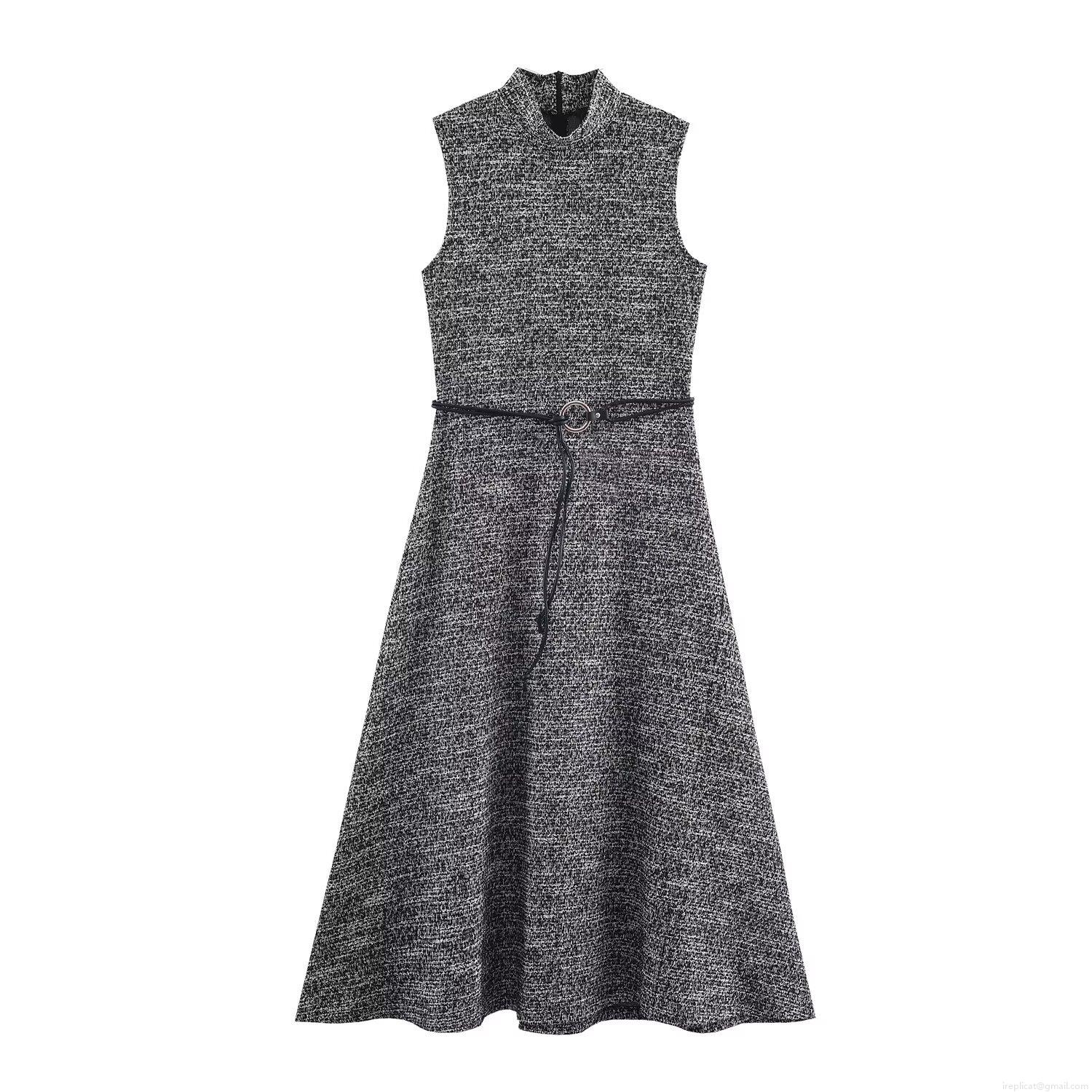 Women's Elegant Tweed Sleeveless Midi Dress With Belt Stand Collar Slim Fit Polyester Blend A-Line Dress For Office Party Casual Winter Fashion Women's Elegant Tweed Sleeveless Midi Dress With Belt Stand Collar Slim Fit Polyester Blend A-Line Dress For Office Party Casual Winter Fashion