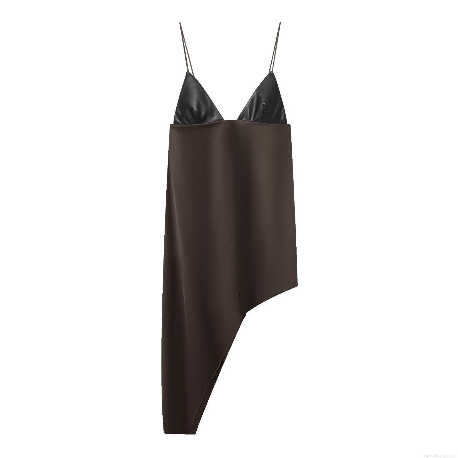 Women Sexy Backless Patchwork Cami Dress Asymmetrical Acetate Satin Faux Leather Midi Dress For Party Club Night Out Summer Slim Fit Cocktail Gown Women Sexy Backless Patchwork Cami Dress Asymmetrical Acetate Satin Faux Leather Midi Dress For Party Club Night Out Summer Slim Fit Cocktail Gown
