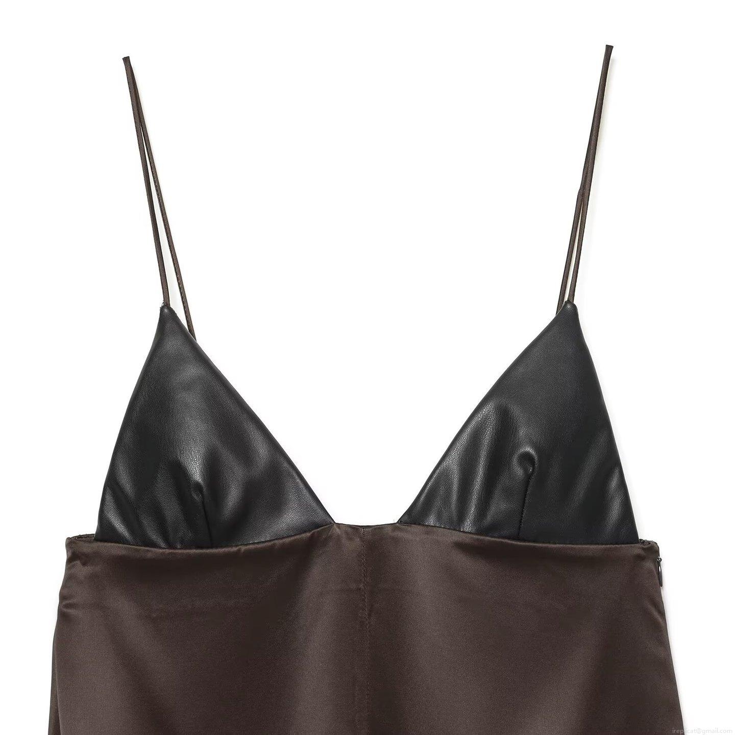 Women Sexy Backless Patchwork Cami Dress Asymmetrical Acetate Satin Faux Leather Midi Dress For Party Club Night Out Summer Slim Fit Cocktail Gown