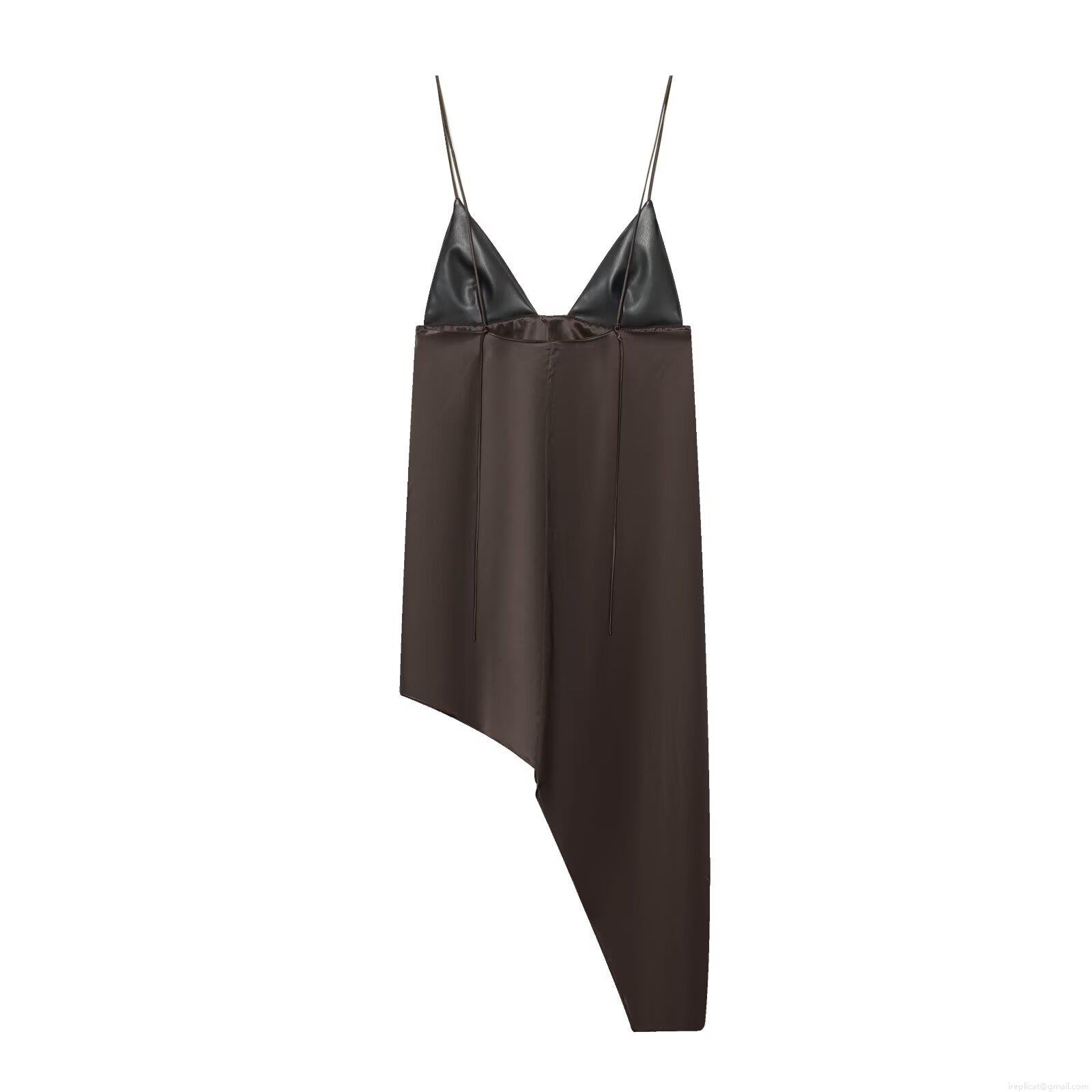 Women Sexy Backless Patchwork Cami Dress Asymmetrical Acetate Satin Faux Leather Midi Dress For Party Club Night Out Summer Slim Fit Cocktail Gown