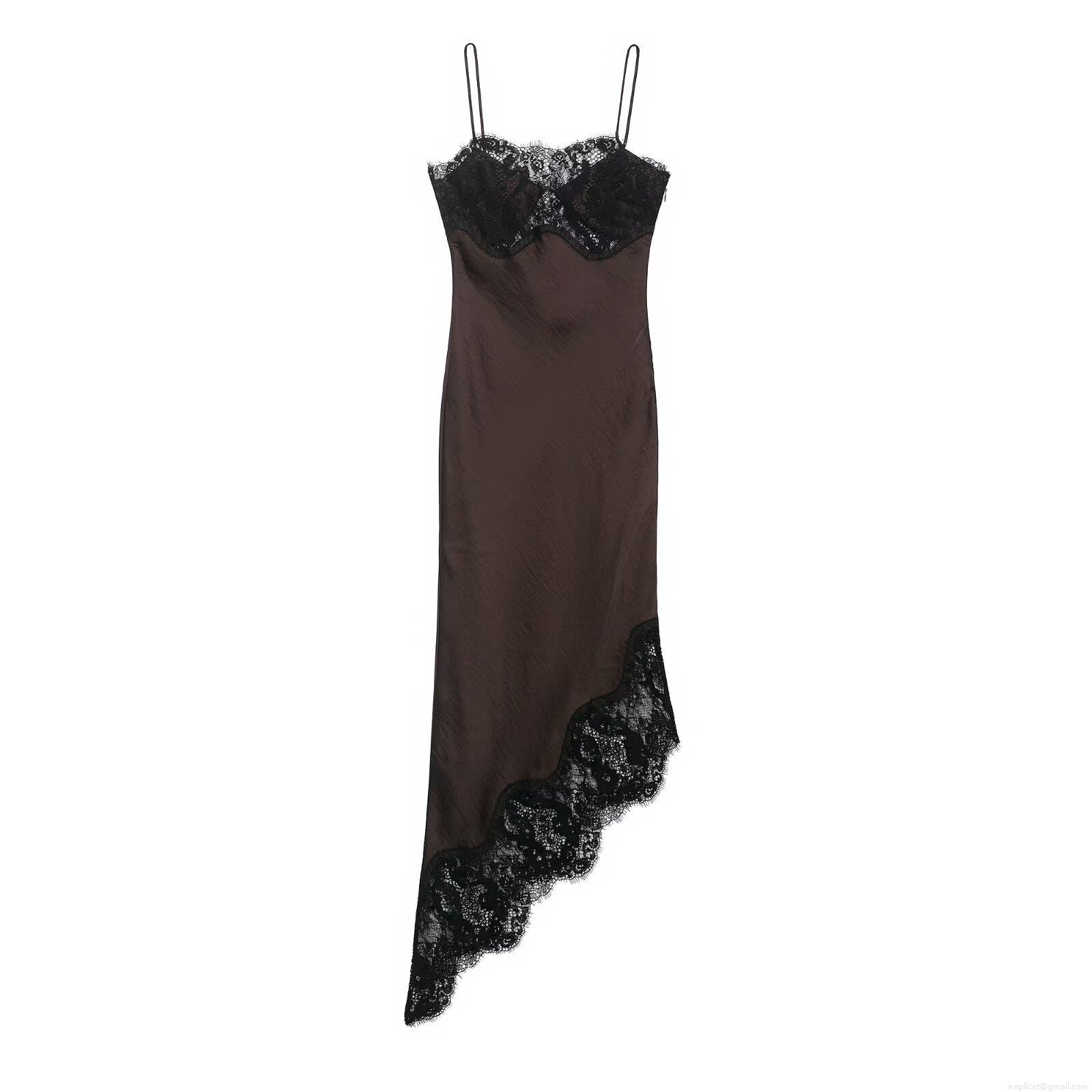Women Sexy Satin Lace Patchwork Slip Dress Asymmetric Hem V-Neck Midi Cami Dress For Party Banquet Elegant Spaghetti Strap Night Out Dress