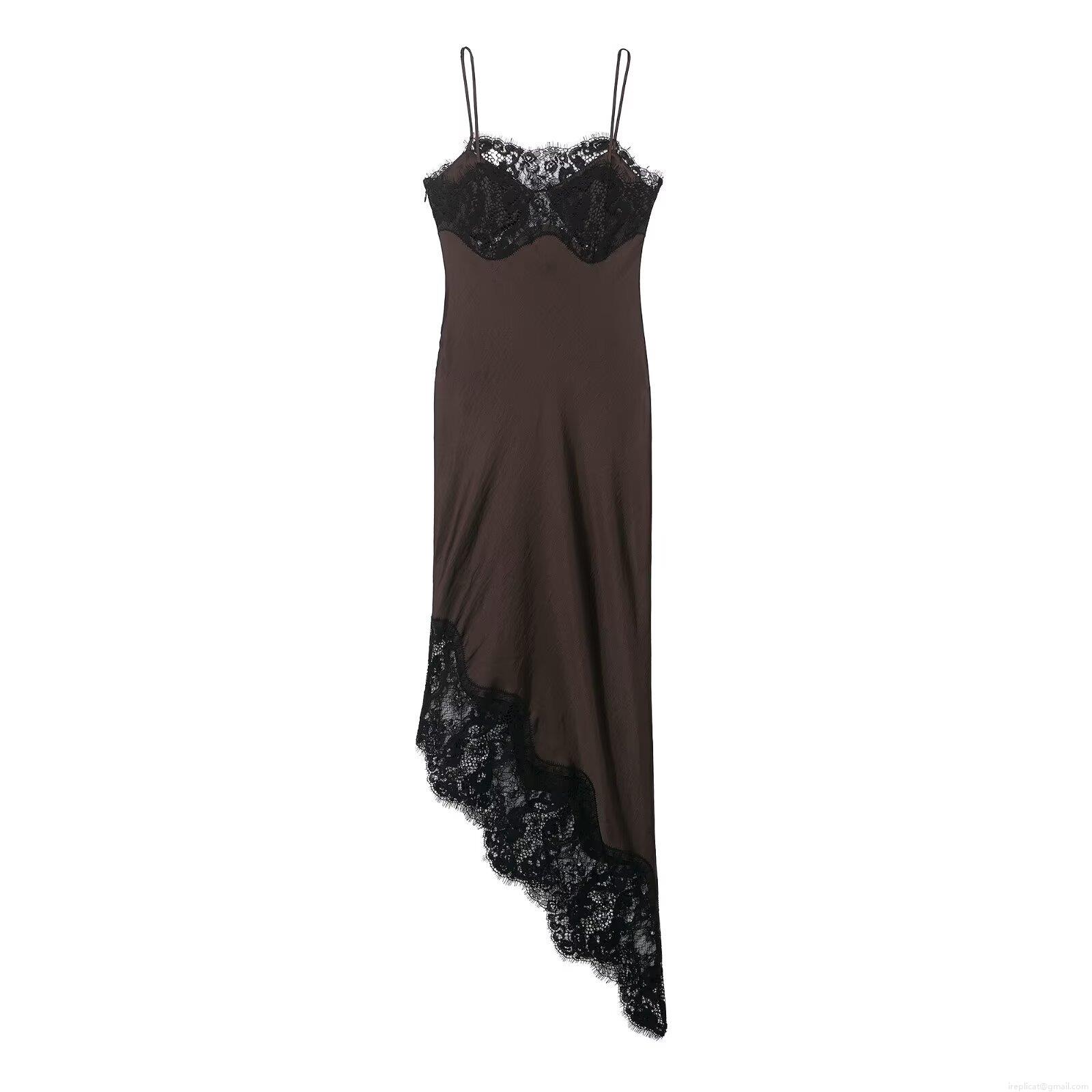 Women Sexy Satin Lace Patchwork Slip Dress Asymmetric Hem V-Neck Midi Cami Dress For Party Banquet Elegant Spaghetti Strap Night Out Dress