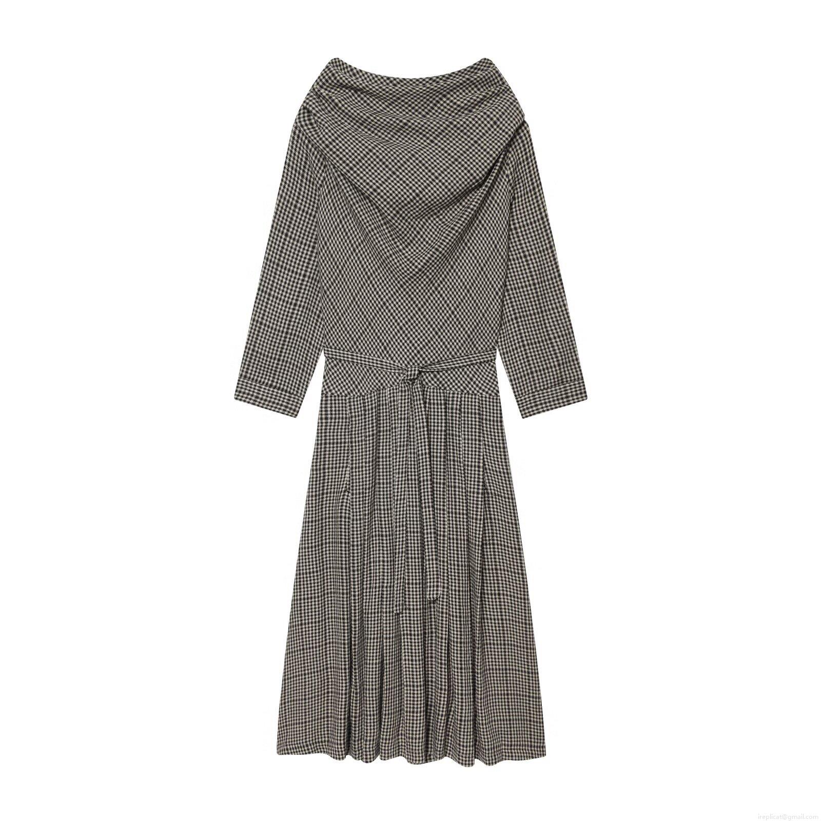Women's Houndstooth Plaid Long Sleeve Cowl Neck Midi Dress With Back Bow Tie And Belt High Waist Wide Pleated Winter Casual Daily Splicing Dress For Ladies Women's Houndstooth Plaid Long Sleeve Cowl Neck Midi Dress With Back Bow Tie And Belt High Waist Wide Pleated Winter Casual Daily Splicing Dress For Ladies