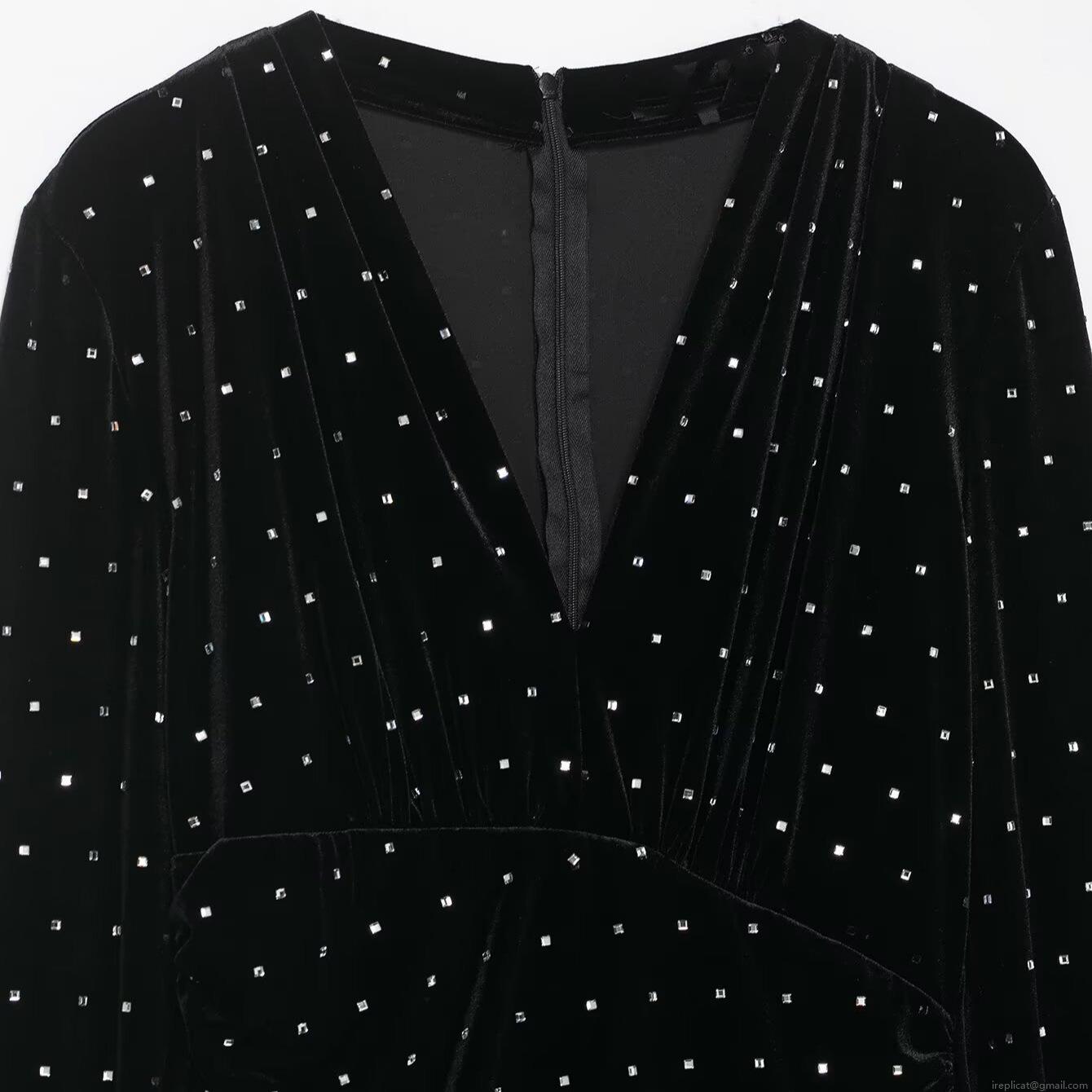Elegant Deep V-Neck Velvet Midi Dress For Women Sexy Long Sleeve Rhinestone Studded Slim Fit Party Gown Autumn Winter Evening Clubwear Dress
