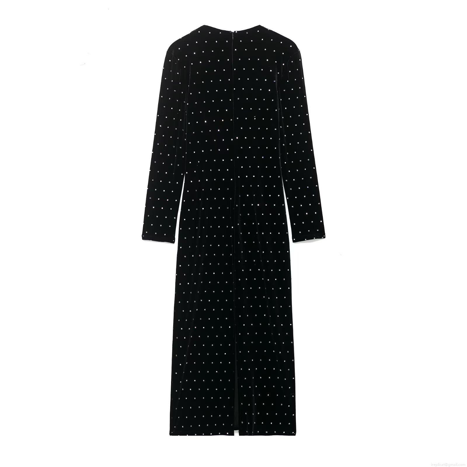 Elegant Deep V-Neck Velvet Midi Dress For Women Sexy Long Sleeve Rhinestone Studded Slim Fit Party Gown Autumn Winter Evening Clubwear Dress
