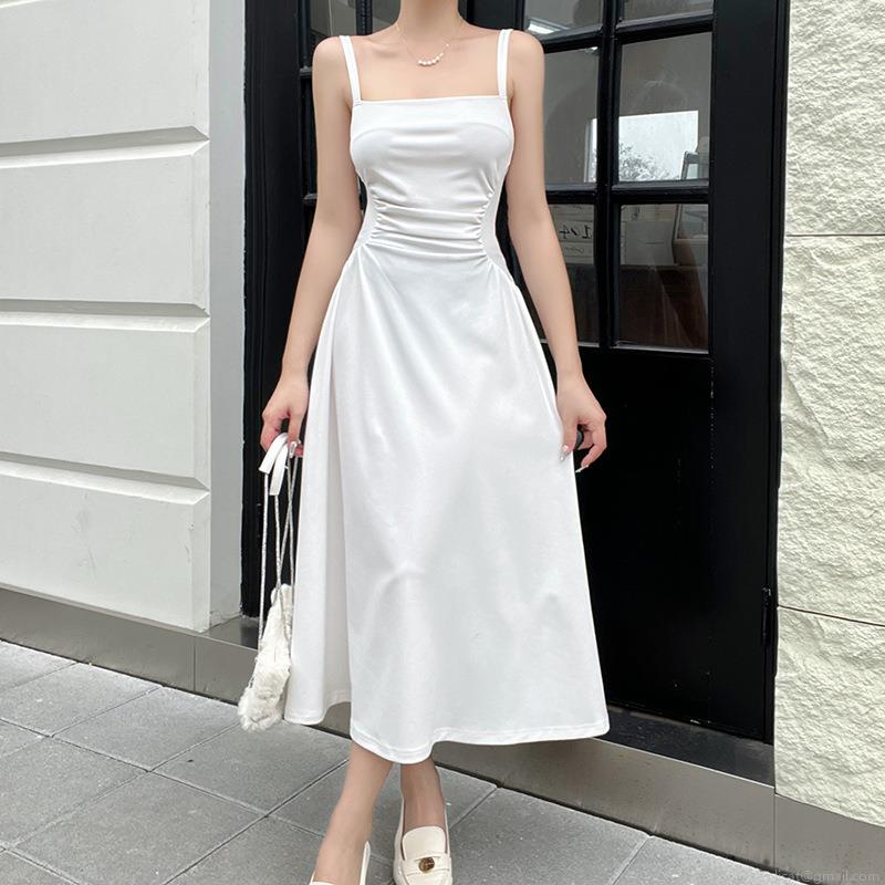Women's Elegant Square Neck Spaghetti Strap Midi Dress Ruched Waist A-Line Solid Color Summer Party Evening Dresses Women's Elegant Square Neck Spaghetti Strap Midi Dress Ruched Waist A-Line Solid Color Summer Party Evening Dresses