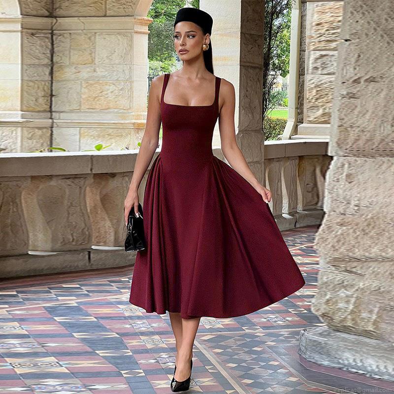 French Retro Square Neck Sleeveless Backless High Waist A-Line Maxi Dress Elegant Solid Color Polyester Spandex Dress for Women Evening Party French Retro Square Neck Sleeveless Backless High Waist A-Line Maxi Dress Elegant Solid Color Polyester Spandex Dress for Women Evening Party