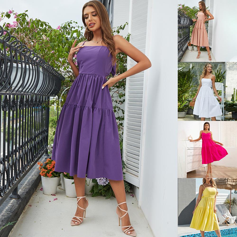 Women's Summer Bohemian Midi Dress Backless Tiered Ruffle Cake Skirt With Large Bow Spaghetti Strap Woven Polyester Sundress For Beach Vacation Party Women's Summer Bohemian Midi Dress Backless Tiered Ruffle Cake Skirt With Large Bow Spaghetti Strap Woven Polyester Sundress For Beach Vacation Party