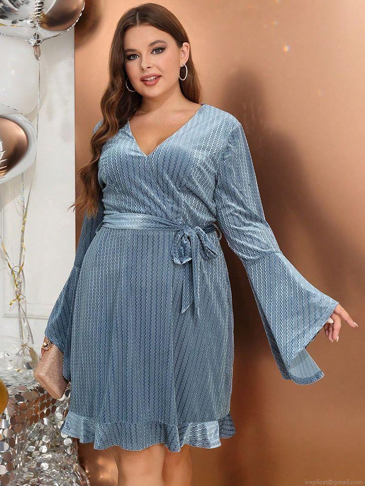 Women's Plus Size Midi Dress Elegant V-Neck Flare Long Sleeve Tie Waist Ruffle Hem Wavy Textured Polyester Spandex Dress For Party Evening Autumn Dusty Blue Women's Plus Size Midi Dress Elegant V-Neck Flare Long Sleeve Tie Waist Ruffle Hem Wavy Textured Polyester Spandex Dress For Party Evening Autumn Dusty Blue