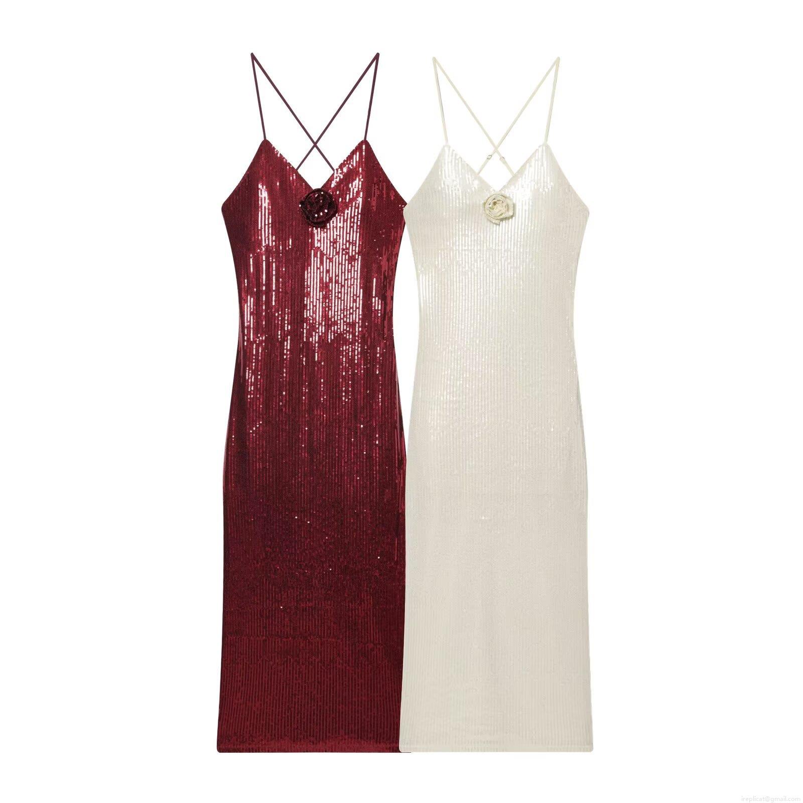 Women's Elegant Sequin Spaghetti Strap Dress With 3D Flower Decoration Deep V-Neck Criss-Cross Backless Sexy Midi Party Dress For Women Evening Banquet Social Events Women's Elegant Sequin Spaghetti Strap Dress With 3D Flower Decoration Deep V-Neck Criss-Cross Backless Sexy Midi Party Dress For Women Evening Banquet Social Events
