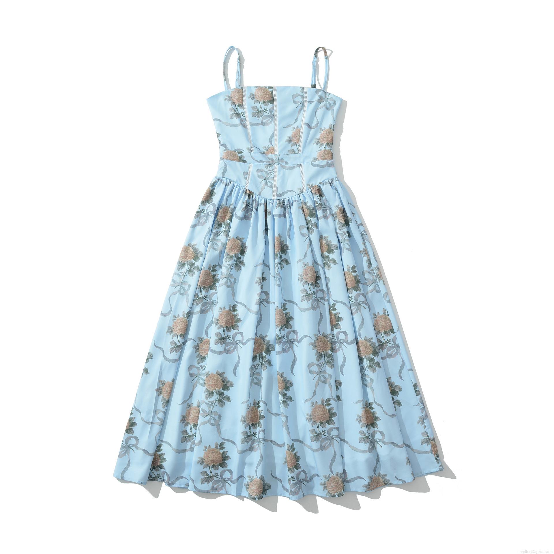 Women Elegant Light Blue Rose Floral Print Midi Cami Dress Square Neck Lace Patchwork Retro Romantic Party Vacation Dress Women Elegant Light Blue Rose Floral Print Midi Cami Dress Square Neck Lace Patchwork Retro Romantic Party Vacation Dress