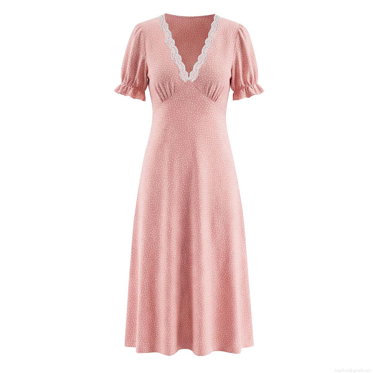 Women French Vintage Polka Dot Midi Dress Elegant V Neck Lace Trim Short Puff Sleeve High Waist Rayon Summer Vacation Dresses For Women Women French Vintage Polka Dot Midi Dress Elegant V Neck Lace Trim Short Puff Sleeve High Waist Rayon Summer Vacation Dresses For Women
