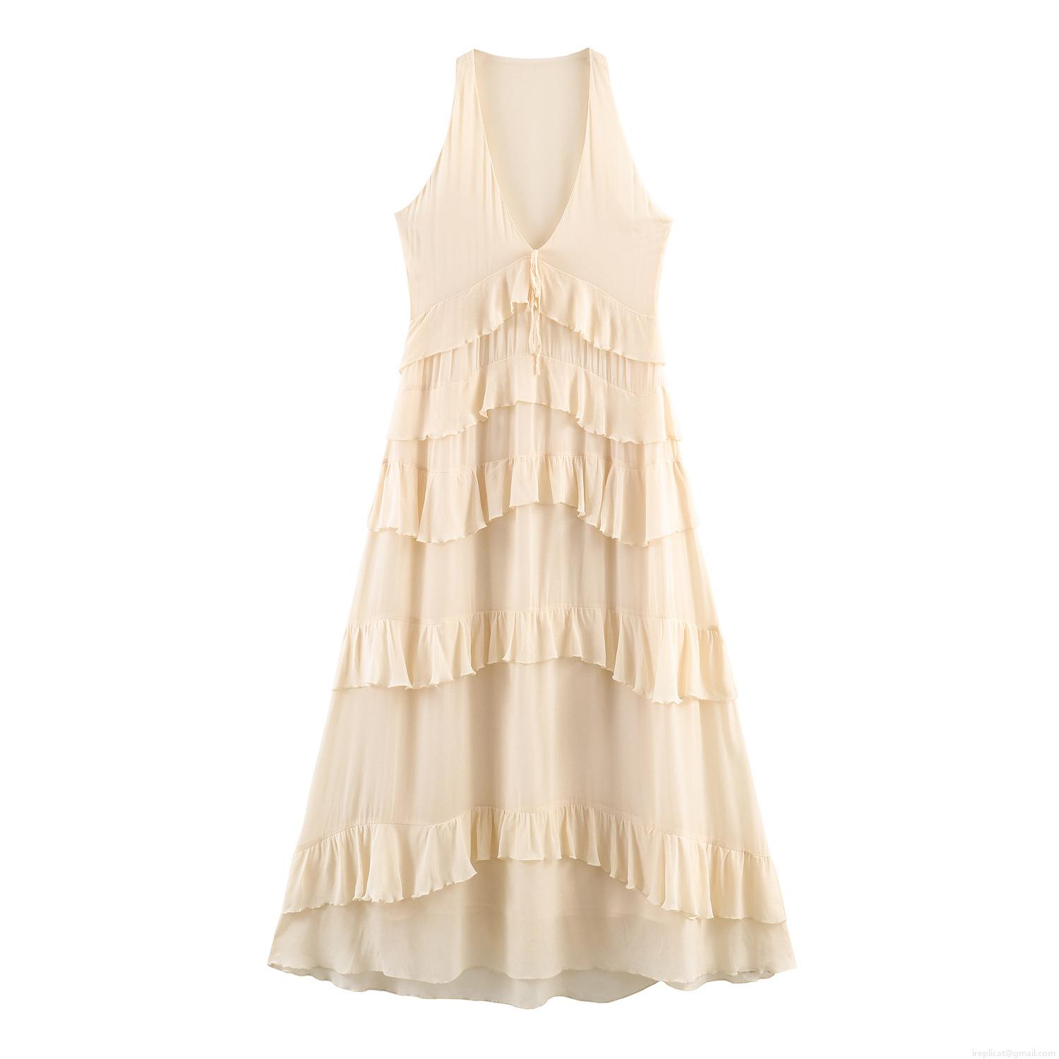 Women's Sexy Sleeveless Deep V-Neck Layered Ruffle Midi Dress Bohemian Chiffon Tiered Cake Dress For Summer Vacation Party Date Cream Women's Sexy Sleeveless Deep V-Neck Layered Ruffle Midi Dress Bohemian Chiffon Tiered Cake Dress For Summer Vacation Party Date Cream