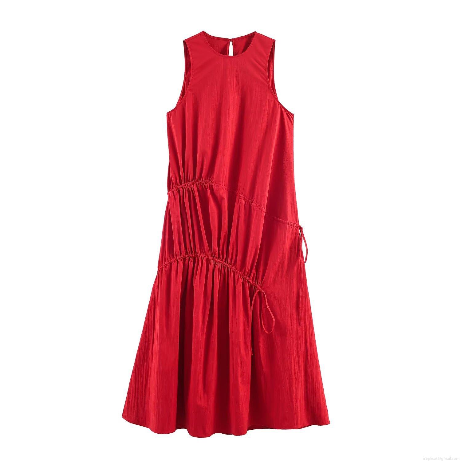 Women's Elegant Red Sleeveless Midi Dress Fashion Ruched Drawstring Round Neck Polyester Dress For Party Daily Women's Elegant Red Sleeveless Midi Dress Fashion Ruched Drawstring Round Neck Polyester Dress For Party Daily
