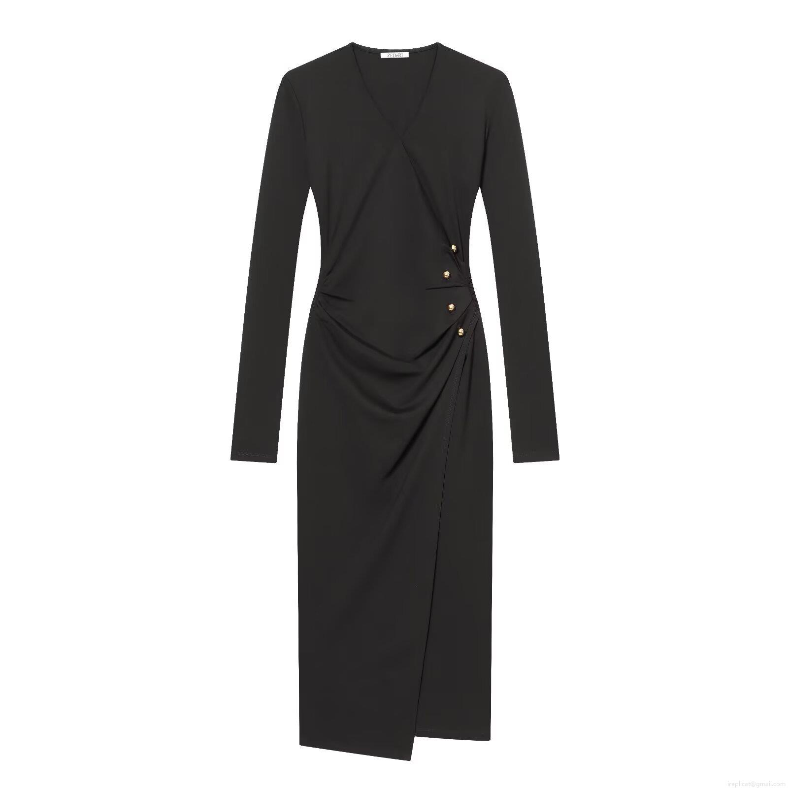 Women Sexy V Neck Wrap Midi Dress Elegant Long Sleeve Pleated Bodycon Dress With Gold Buttons Polyester Solid Black Evening Party Club Dress For Women Women Sexy V Neck Wrap Midi Dress Elegant Long Sleeve Pleated Bodycon Dress With Gold Buttons Polyester Solid Black Evening Party Club Dress For Women