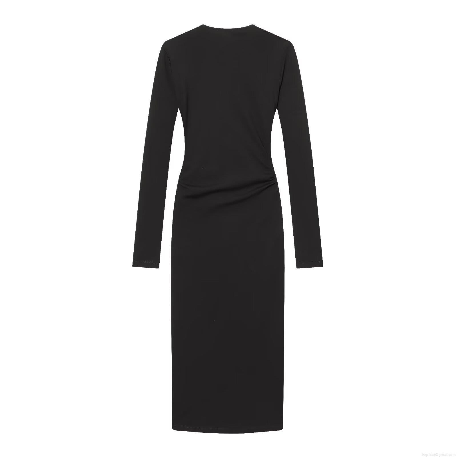 Women Sexy V Neck Wrap Midi Dress Elegant Long Sleeve Pleated Bodycon Dress With Gold Buttons Polyester Solid Black Evening Party Club Dress For Women
