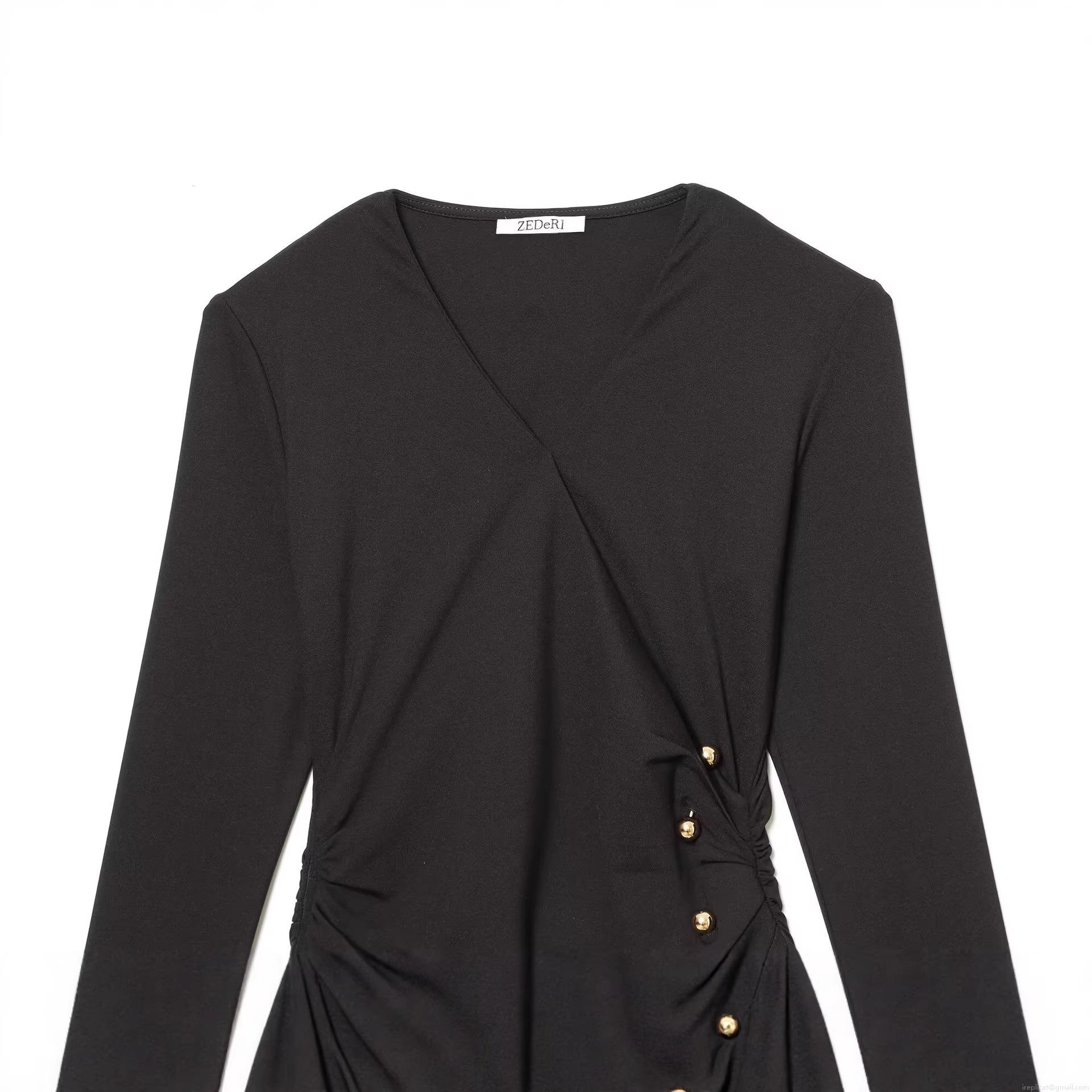 Women Sexy V Neck Wrap Midi Dress Elegant Long Sleeve Pleated Bodycon Dress With Gold Buttons Polyester Solid Black Evening Party Club Dress For Women