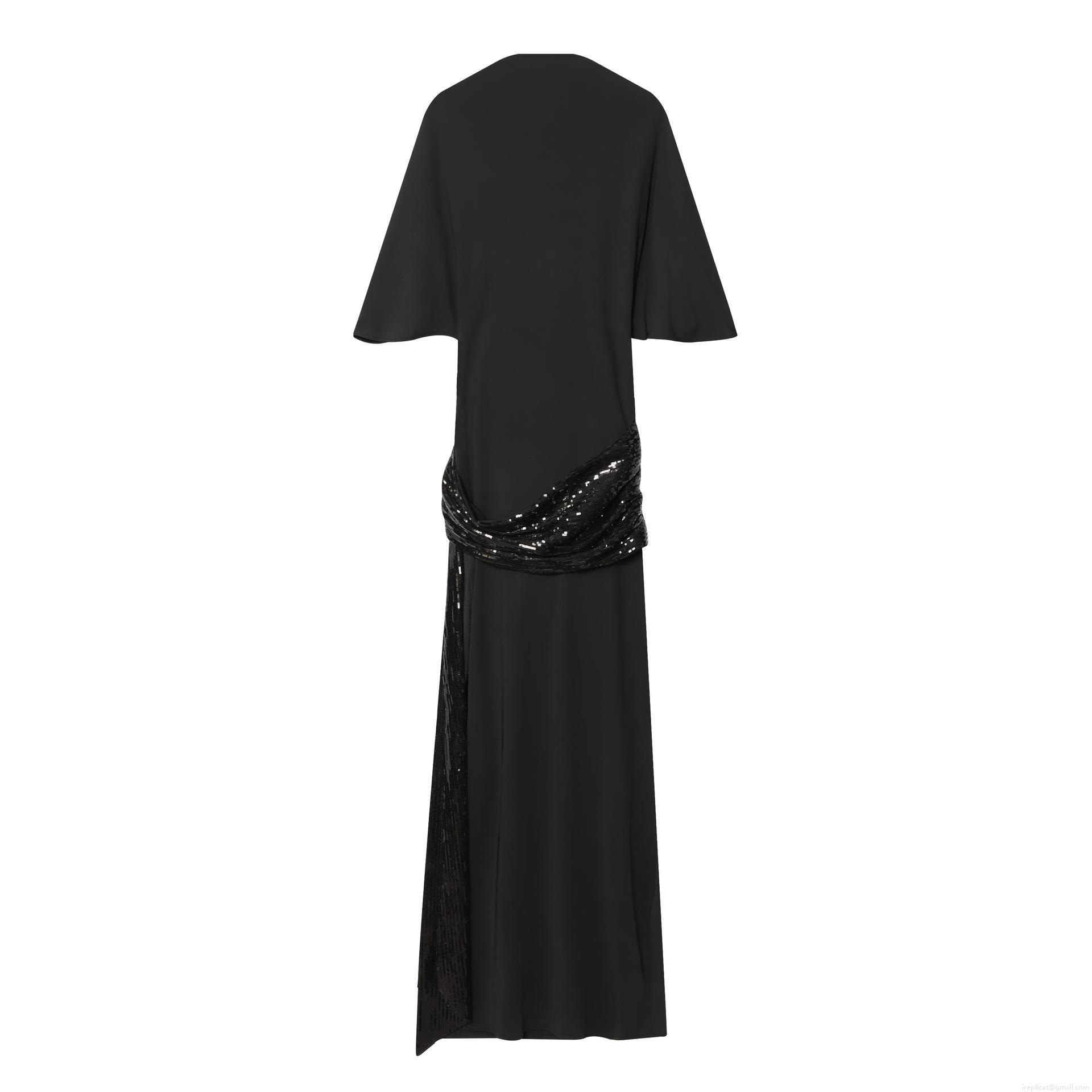 Elegant Women's Solid Black Polyester Dress With Sequined Belted Waist Cape Sleeves Sexy Slim Fit Midi Party Evening Bodycon Dress Elegant Women's Solid Black Polyester Dress With Sequined Belted Waist Cape Sleeves Sexy Slim Fit Midi Party Evening Bodycon Dress