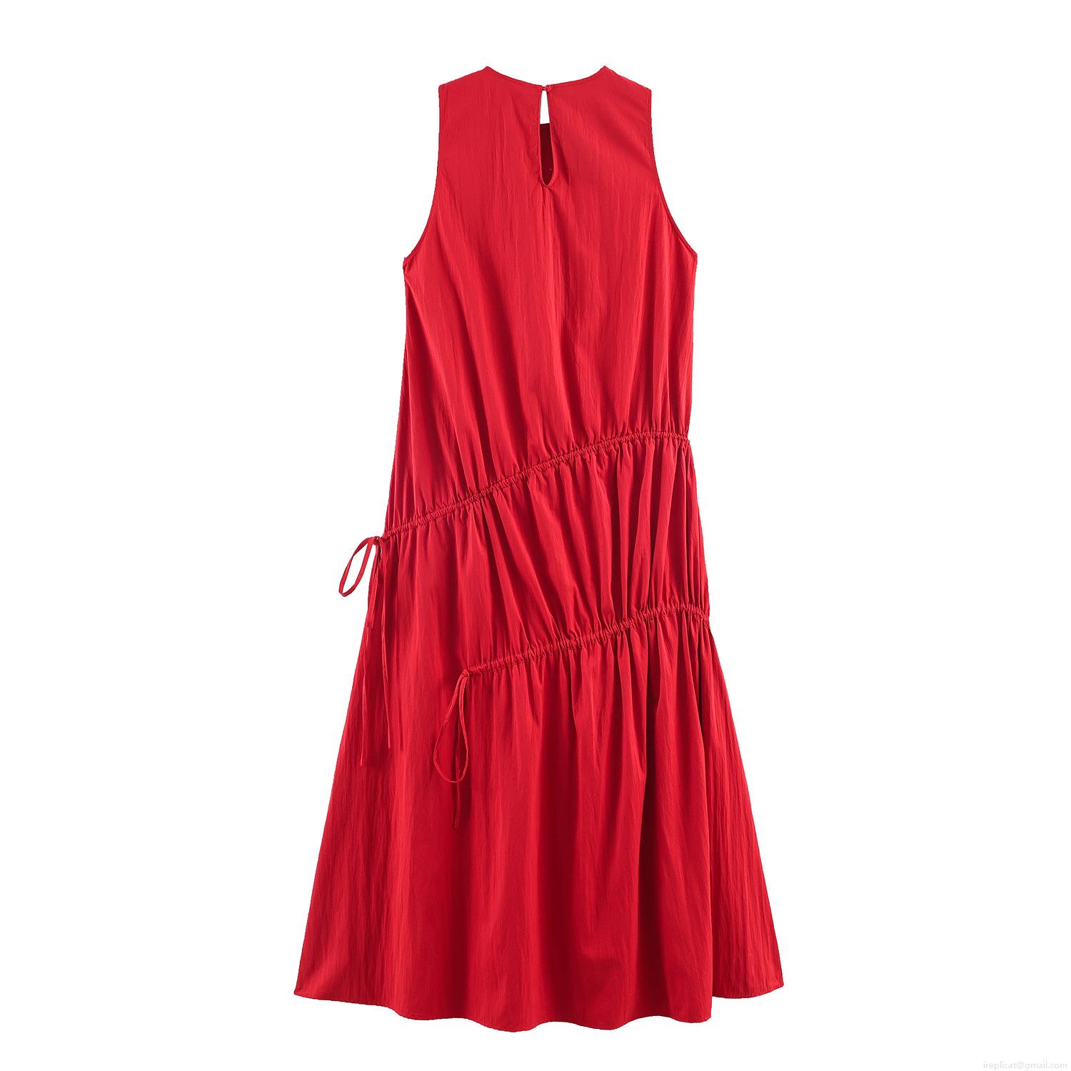 Women Red Sleeveless Midi Dress Polyester Blend Drawstring Ruching A-Line Party Sundress Sexy Clubwear Solid Color Summer Casual Elegant Outfit