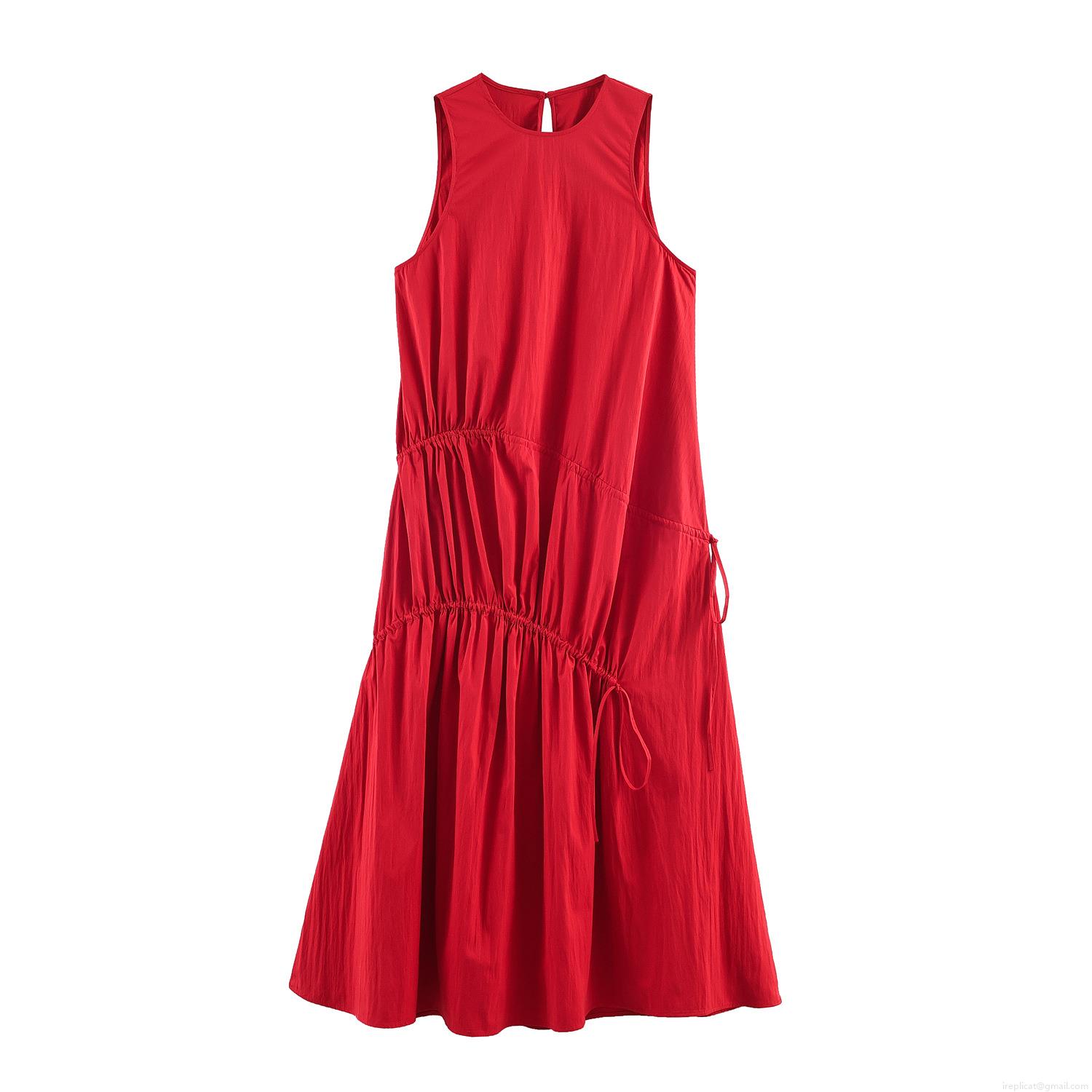 Women Red Sleeveless Midi Dress Polyester Blend Drawstring Ruching A-Line Party Sundress Sexy Clubwear Solid Color Summer Casual Elegant Outfit