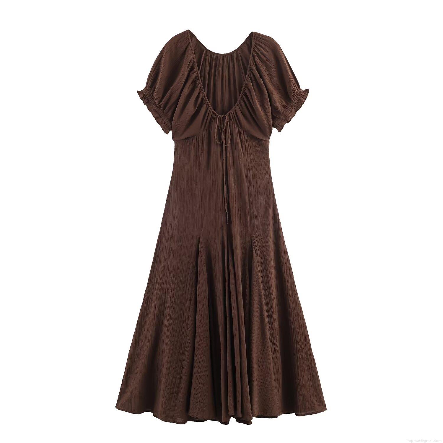 Women Elegant V-Neck Short Sleeve Lantern Sleeve Pleated Midi Dress High Waist Back Tie Solid Color Fairy Style Summer Vacation Party Long Dress Women Elegant V-Neck Short Sleeve Lantern Sleeve Pleated Midi Dress High Waist Back Tie Solid Color Fairy Style Summer Vacation Party Long Dress