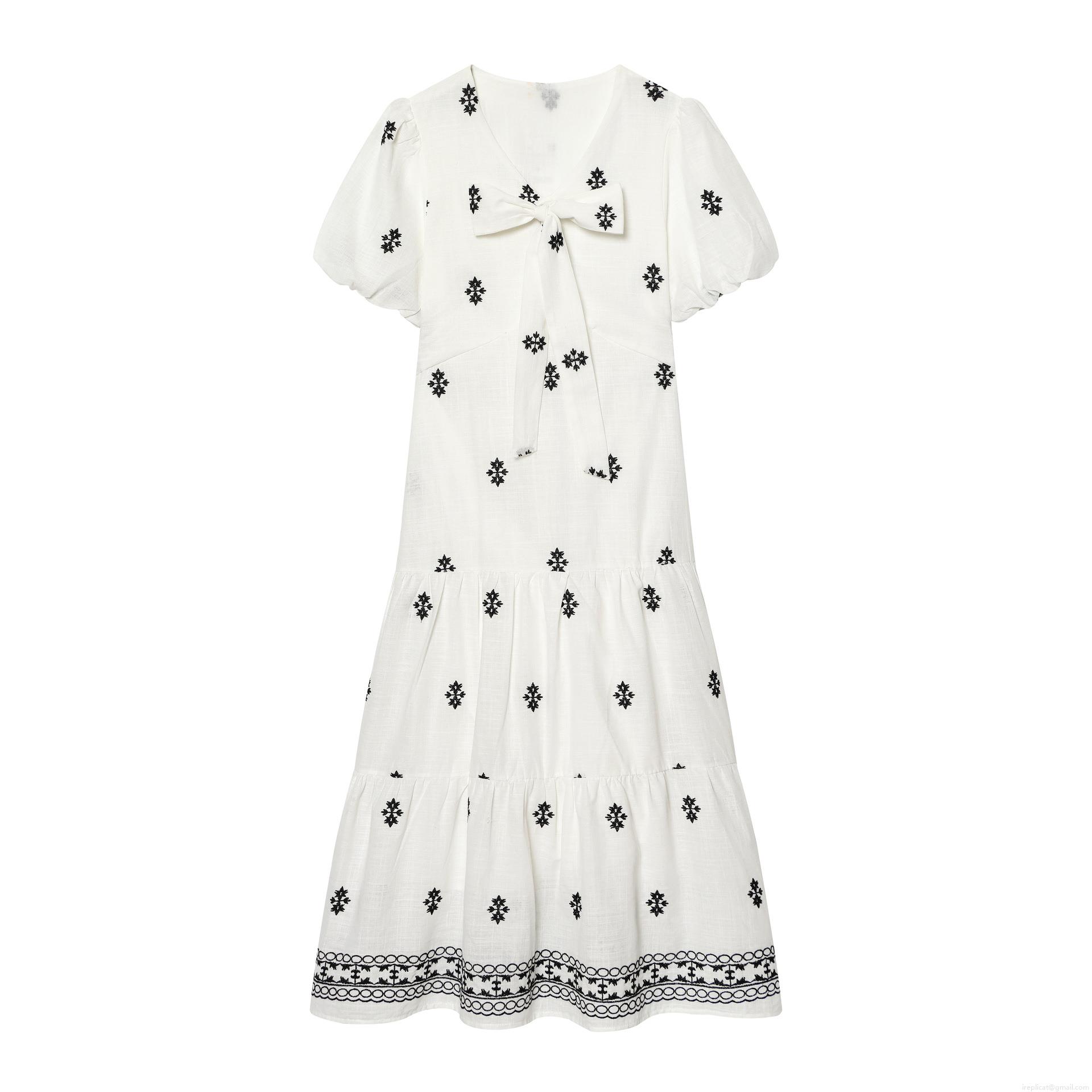 Women's Sweet Lolita V-Neck Puff Sleeve Long Dress With Black Floral Embroidery Bow-Tie High Waist Layered Cake Skirt Cotton Blend Casual Party Vacation Dress For Ladies Women's Sweet Lolita V-Neck Puff Sleeve Long Dress With Black Floral Embroidery Bow-Tie High Waist Layered Cake Skirt Cotton Blend Casual Party Vacation Dress For Ladies