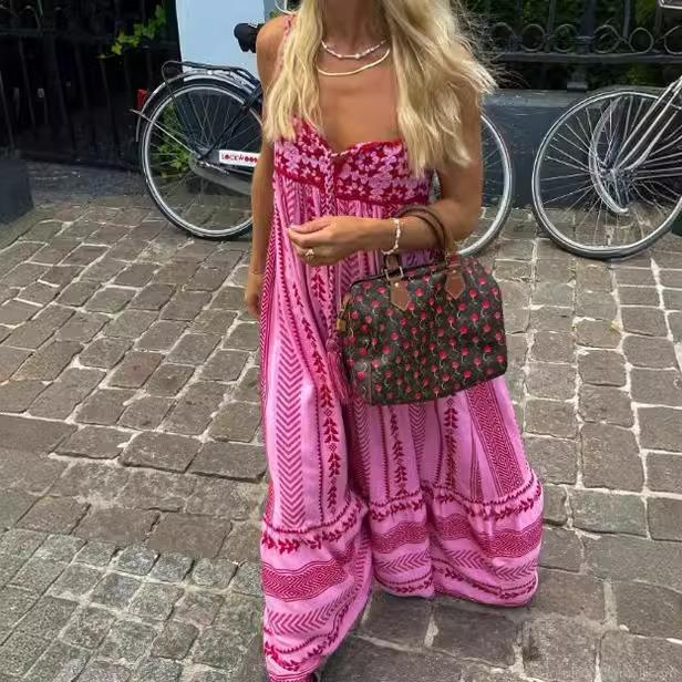 Women's Bohemian Floral Print Midi Dress Vintage Crochet Patchwork Cami Sleeveless Backless Sundress For Beach Vacation Summer Party Pink Embroidery Polyester Dress Women's Bohemian Floral Print Midi Dress Vintage Crochet Patchwork Cami Sleeveless Backless Sundress For Beach Vacation Summer Party Pink Embroidery Polyester Dress