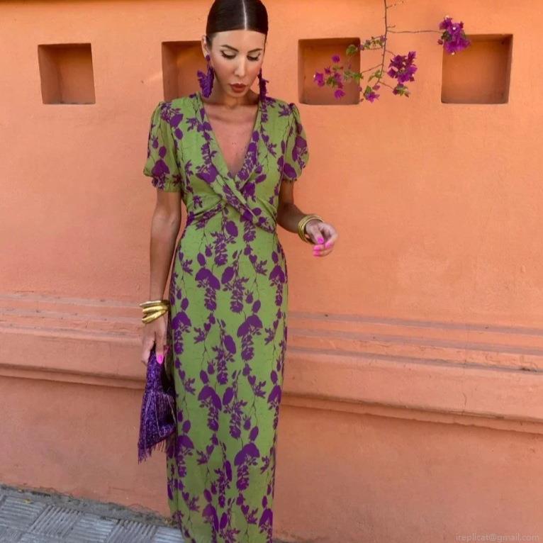 Women Summer Floral Print V-Neck Midi Dress Short Puff Sleeve Pleated Slim Waist Polyester Vacation Beach Elegant Dresses For Lady Women Summer Floral Print V-Neck Midi Dress Short Puff Sleeve Pleated Slim Waist Polyester Vacation Beach Elegant Dresses For Lady