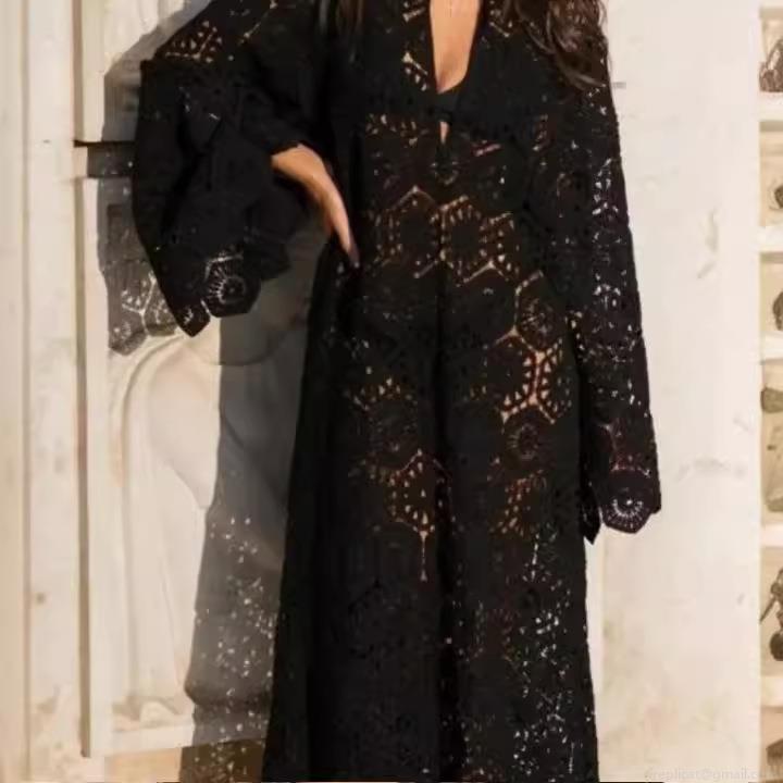 Sexy V-Neck Crochet Hollow Out Midi Dress Women Elegant 100% Polyester Lace Long Flare Sleeve Bohemian Beach Vacation Party Dresses Sexy V-Neck Crochet Hollow Out Midi Dress Women Elegant 100% Polyester Lace Long Flare Sleeve Bohemian Beach Vacation Party Dresses