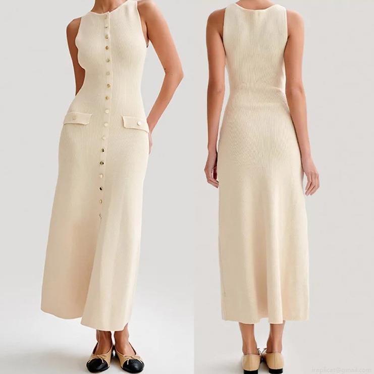 Women's Elegant Knitted Midi Dress Sleeveless Ribbed Slim Fit Bodycon Pencil Dress With Gold Decorative Buttons And Fake Pockets For Casual Daily Party Spring Summer Cream Apricot Women's Elegant Knitted Midi Dress Sleeveless Ribbed Slim Fit Bodycon Pencil Dress With Gold Decorative Buttons And Fake Pockets For Casual Daily Party Spring Summer Cream Apricot