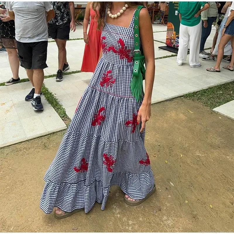 Women's Sexy Gingham Plaid Lobster Embroidery Cami Dress Tiered Ruffle Layered Midi Dress Summer Beach Vacation Backless Sundress Polyester