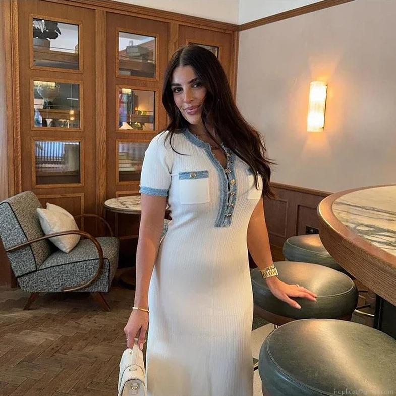 Women Elegant Knit Bodycon Maxi Dress Denim Patchwork Contrast Trim Short Sleeve Socialite Party Outfits With Gold Button Decor For Ladies Women Elegant Knit Bodycon Maxi Dress Denim Patchwork Contrast Trim Short Sleeve Socialite Party Outfits With Gold Button Decor For Ladies